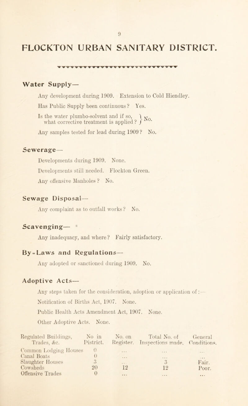 FLOCKTON URBAN SANITARY DISTRICT. Water Supply— Any development during 1909. Extension to Cold Hiendley. Has Public Supply been conlinuous ? Yes. Is the water plumbo-solvent and if so, ) what corrective treatment is applied ? f ^ Any samples tested for lead during 1909 ? No. Sewerage- Developments during 1909. None. Developments still needed. Flockton Green. Any offensive Manholes ? No. Sewage Disposal— Any complaint as to outfall works ? No. Scavenging— Any inadequacy, and where? Fairly satisfactory. By = Laws and Regulations— Any adopted or sanctioned during 1909. No. Adoptive Acts— Any steps taken for the consideration, adoption or application of:— Notification of Births Act, 1907. None. Public Health Acts Amendment Act, 1907. None. Other Adoptive Acts. None. Regulated Buildings, No in No. on Total No. of General d'rades, &c. District. Register. Inspections made. Conditions Common Lodging Houses 0 ... Canal Boats 0 > « . Slaughter Houses 3 Fair. Cowsheds 20 12 12 Poor, Offensive Trades 0 • • •