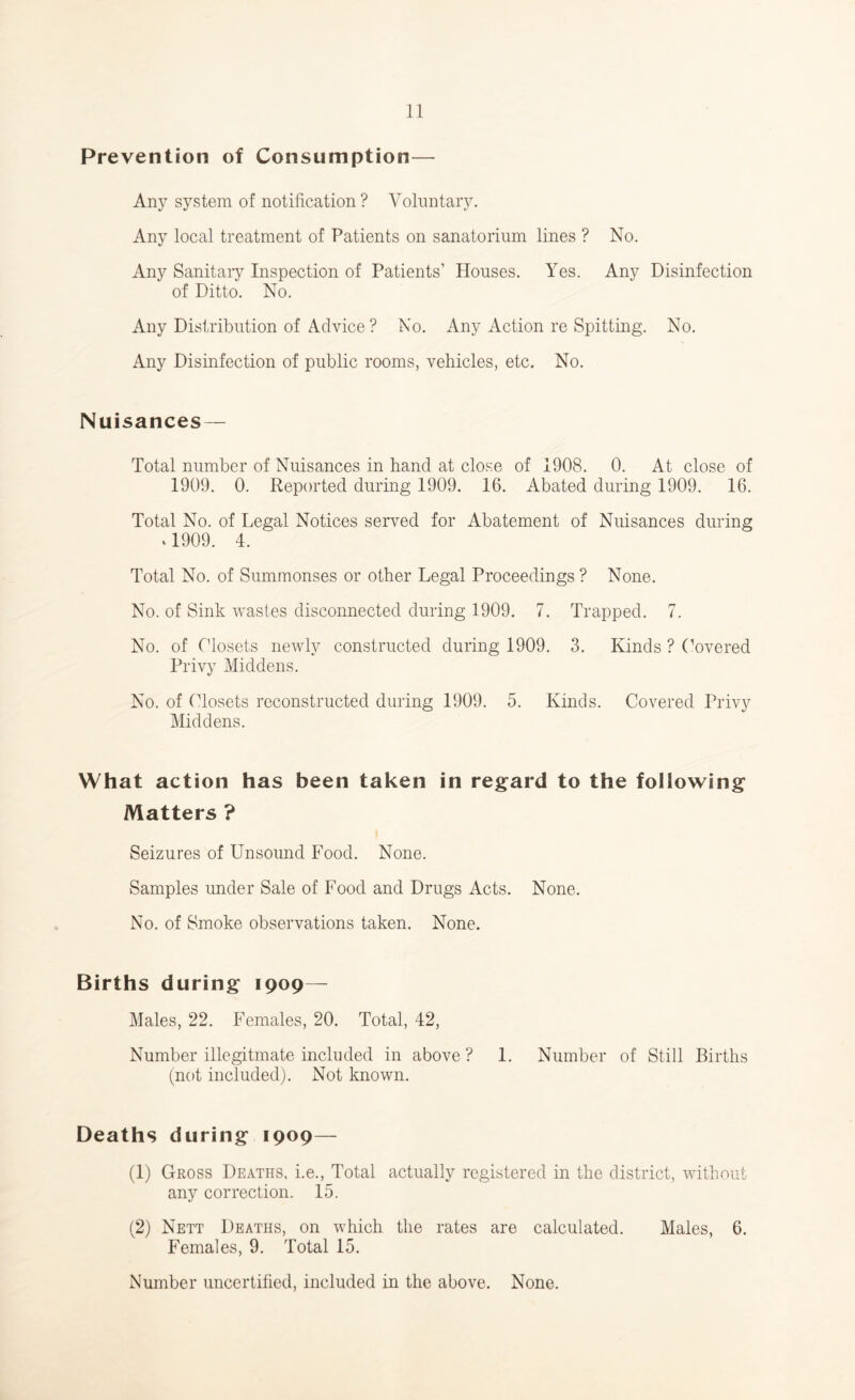 Prevention of Consumption— Any system of notification ? Voluntary. Any local treatment of Patients on sanatorium lines ? No. Any SanitaiT Inspection of Patients’ Houses. Yes. Any Disinfection of Ditto. No. Any Distribution of Advice ? No. Any Action re Spitting. No. Any Disinfection of public rooms, vehicles, etc. No. Nuisances— Total number of Nuisances in hand at close of 1908. 0. At close of 1909. 0. Reported during 1909. 16. Abated during 1909. 16. Total No. of Legal Notices served for Abatement of Nuisances during . 1909. 4. Total No. of Summonses or other Legal Proceedings ? None. No. of Sink wastes disconnected during 1909. 7. Trapped. 7. No. of Closets newly constructed during 1909. 3. Kinds ? (^overed Privy Middens. No. of (Tosets reconstructed during 1909. 5. Kinds. Covered Privy Middens. What action has been taken in regard to the following Matters ? Seizures of Unsound Food. None. Samples under Sale of Food and Drugs Acts. None. No. of Smoke observations taken. None. Births during 1909— Males, 22. Females, 20. Total, 42, Number illegitmate included in above? 1. Number of Still Births (not included). Not known. Deaths during 1909— (1) Gross Deaths, i.e.. Total actually registered in the district, without any correction. 15. (2) Nett Deaths, on which the rates are calculated. Males, 6. Females, 9. Total 15. Number uncertified, included in the above. None.