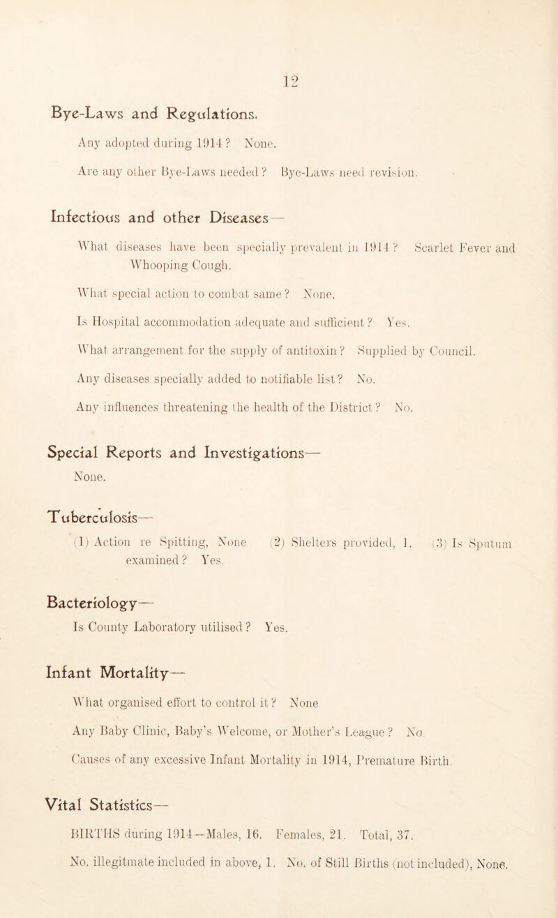 Bye-Laws and Regulations. All}' adopted during 1914 ? None. Ai'e any other Bye-Laws needed? Bye-Laws need revision. Infectious and other Diseases — What diseases have been specially prevalent in 1911 ? Scarlet Lever and Whooping Cough. AVhat special action to combat same? None. Is Hospital accommodation adequate and sufllcient? Yes. What arrangement for the supply of antitoxin? Siqiplied by Council. Any diseases specially added to notifiable list? No. Any influences threatening the health of the District? No. Special Reports and Investigations— None. Tuberculosis— (l)xVction re Spitting, None (2) Shelters provided, 1. (dj Is Sputum examined? Yes. Bacteriology— Is County Laboratory utilised ? Yes. Infant Mortality— What organised effort to control it? None Any Baby Clinic, Baby’s AVelcorae, or Mother’s I.eagiie ? No. (huises of any excessive Infant Mortality in 1914, Premature Birth. Vital Statistics— BIRTHS during 1914—Males, 16. Females, 21. Total, 37. No. illegitmate included in above, 1. No. of Still Births (not included), None.