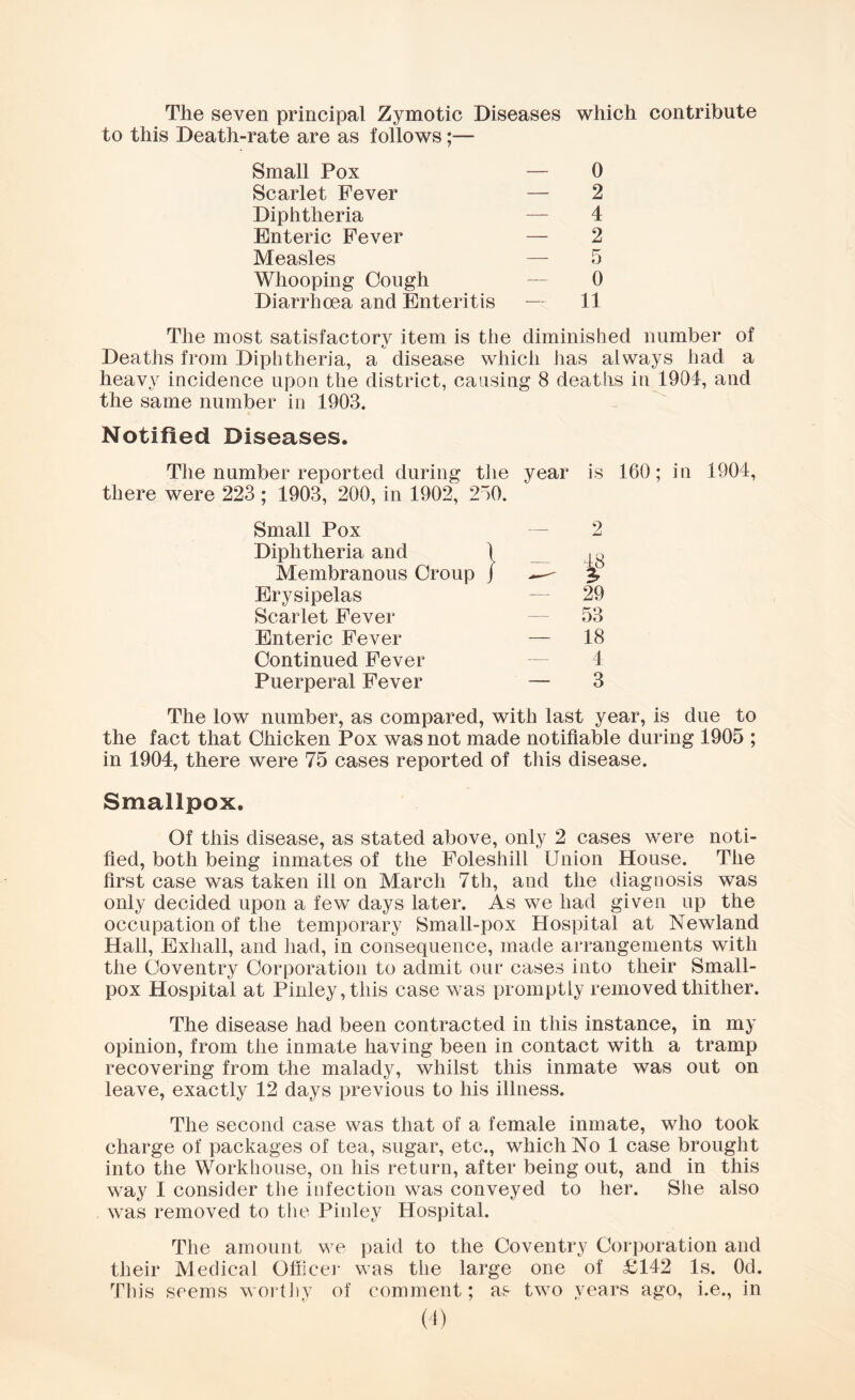 The seven principal Zymotic Diseases which contribute to this Death-rate are as follows;— Small Pox — 0 Scarlet Fever — 2 Diphtheria — 4 Enteric Fever — 2 Measles — 5 Whooping Cough — 0 Diarrhoea and Enteritis — 11 The most satisfactory item is the diminished number of Deaths from Diphtheria, a disease which has always had a heavy incidence upon the district, causing 8 deaths in 1904, and the same number in 1903. Notified Diseases. The number reported during the year is 160; in 1904, there were 223 ; 1903, 200, in 1902, 240. Small Pox Diphtheria and Membranous Croup Erysipelas Scarlet Fever Enteric Fever Continued Fever Puerperal Fever The low number, as compared, with last year, is due to the fact that Chicken Pox was not made notifiable during 1905 ; in 1904, there were 75 cases reported of this disease. Smallpox. Of this disease, as stated above, only 2 cases were noti- fied, both being inmates of the Foleshill Union House. The first case was taken ill on March 7th, and the diagnosis was only decided upon a few days later. As we had given up the occupation of the temporary Small-pox Hospital at Newland Hall, Exhall, and had, in consequence, made arrangements with the Coventry Corporation to admit our cases into their Small- pox Hospital at Pinley,tliis case was promptly removed thither. The disease had been contracted in this instance, in my opinion, from the inmate having been in contact with a tramp recovering from the malady, whilst this inmate was out on leave, exactly 12 days previous to his illness. The second case was that of a female inmate, who took charge of packages of tea, sugar, etc., which No 1 case brought into the Workhouse, on his return, after being out, and in this way I consider the infection was conveyed to her. She also was removed to the Pinley Hospital. The amount we paid to the Coventry Corporation and their Medical Office]- was the large one of £142 Is. Od. This seems worthy of comment; as two years ago, i.e., in