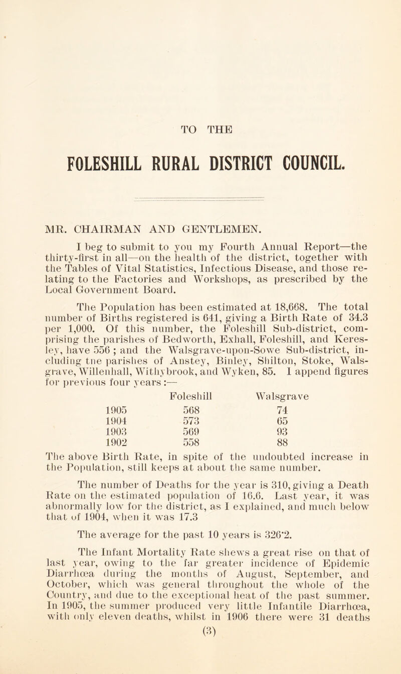 TO THE FOLESHILL RURAL DISTRICT COUNCIL MR. CHAIRMAN AND GENTLEMEN. I beg to submit to you my Fourth Annual Report—the tliirty-flrst in all—on the health of the district, together with the Tables of Vital Statistics, Infectious Disease, and those re- lating to the Factories and Workshops, as prescribed by the Local Government Board. The Population has been estimated at 18,668. The total number of Births registered is 641, giving a Birth Rate of 34.3 per 1,000. Of this number, the Foleshill Sub-district, com- prising the parishes of Bed worth. Exhall, Foleshill, and Keres- ley, have 556 ; and the Walsgrave-upon-Sowe Sub-district, in- cluding tne parishes of Anstey, Binley, Sliilton, Stoke, Wals- grave, Willenhall, Withy brook, and Wyken, 85. 1 append figures for previous four years :— Foleshill VValsgrave 1905 568 74 1904 573 65 1903 569 93 1902 558 88 The above Birth Rate, in spite of the undoubted increase in the Population, still kee],>s at about the same number. The number of Deaths for the year is 310, giving a Death Rate on the estimated population of 16.6. Last year, it was abnormally low for the district, as I explained, and mucli below that uf 1904, when it was 17.3 The average for the past 10 years is 326’2. The Infant Mortality Rate shews a great rise on that of last year, owing to the far greater incidence of Epidemic Diarrhoea during the months of August, September, and October, which was general throughout the whole of the Country, and due to the exceptional heat of the past summer. In 1905, the summer produced very little Infantile Diarrhoea, witli only eleven deaths, whilst in 1906 there were 31 deaths (^>)