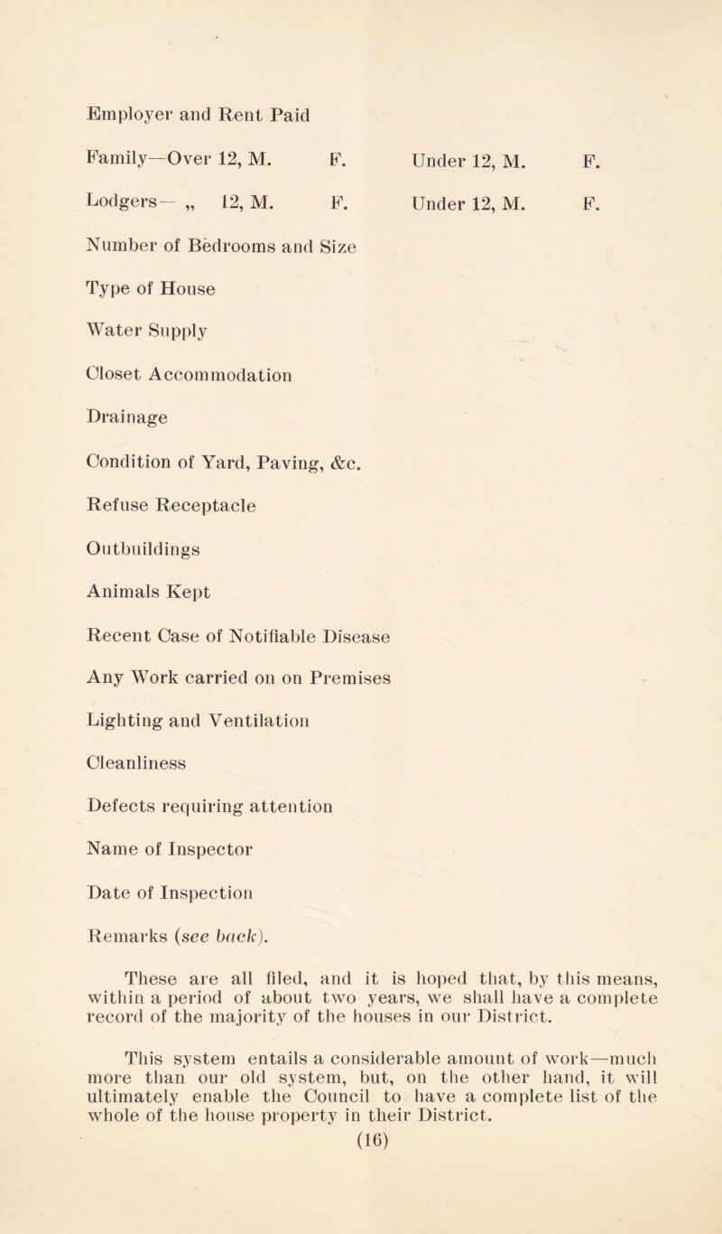Employer and Rent Paid Family—Over 12, M. F. Under 12, M. F. Lodgers— „ 12, M. F. Under 12, M. F. Number of Bedrooms and Size Type of House Water Supply Closet Accommodation Drainage Condition of Yard, Paving, &c. Refuse Receptacle Outbuildings Animals Kept Recent Case of Notifiable Disease Any Work carried on on Premises Lighting and Ventilation Cleanliness Defects requiring attention Name of Inspector Date of Inspection Remarks {see back). These are all filed, and it is hoped that, by this means, within a period of about two years, we shall have a complete record of the majority of the houses in our District. This system entails a considerable amount of work—much more than our old s^^stem, but, on the other hand, it will ultimately enable the Council to have a complete list of the whole of the house property in their District.