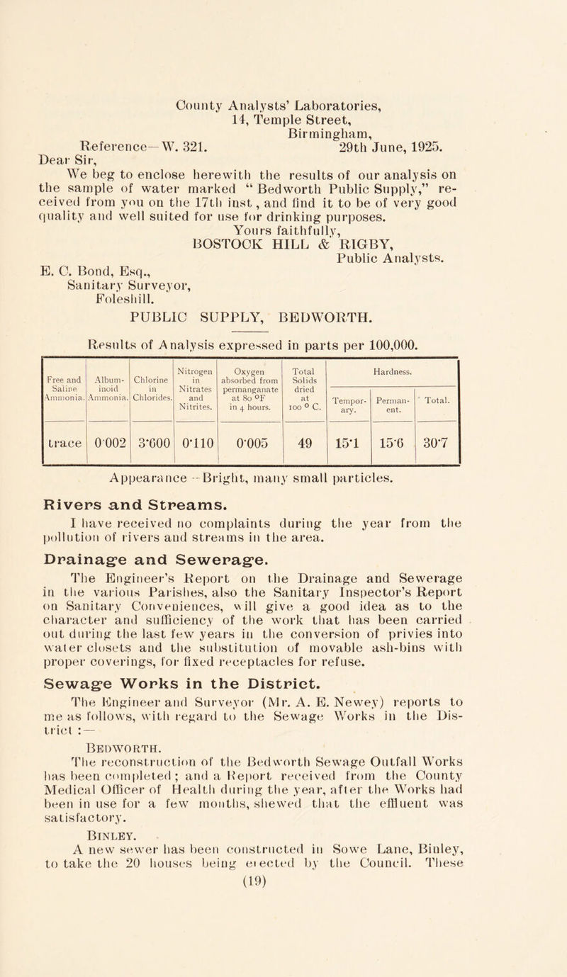 County Analysts’ Laboratories, 14, Temple Street, Birmingham, Reference— W. 321. 29th June, 1925. Dear- Sir, We beg to enclose herewith the results of our analysis on the sample of water marked “ Bed worth Public Supply,” re- ceived from you on the 17th inst, and find it to be of very good quality and well suited for use for drinking purposes. Yours faithfully, BOSTOOK HILL &’ RIGBY, Public Analysts. E. C. Bond, Esq., Sanitary Surveyor, Foleshill. PUBLIC SUPPLY, BEDWORTH. Results of Analysis expressed in parts per 100,000. Free and Saline Ammonia. Album- inoid Ammonia. Chlorine in Chlorides. Nitrogen in Nitrates and Nitrites. Oxygen absorbed from permanganate at 8o °F in 4 hours. Total Solids dried at ioo ° C. Hardness. Tempor- ary. Perman- ent. Total. trace 0002 3‘GOO 0-110 0*005 1 49 15*1 15*6 30*7 Appearance - Bright, many small particles. Rivers and Streams. I have received no complaints during the year from the pollution of rivers and streams in the area. Drainage and Sewerage, The Engineer’s Report on the Drainage and Sewerage in the various Parishes, also the Sanitary Inspector’s Report on Sanitary Conveniences, will give a good idea as to the character and sufficiency of the work that has been carried out during the last few years in the conversion of privies into water closets and the substitution of movable ash-bins with proper coverings, for fixed receptacles for refuse. Sewage Works in the District. The Engineer and Surveyor (Mr. A. E. Newey) reports to me as follows, with regard to the Sewage Works in the Dis- trict : — Bedworth. The reconstruction of the Bedworth Sewage Outfall Works has been completed ; and a Report received from the County Medical Officer of Health during the year, after the Works had been in use for a few months, shewed that the effluent was satisfactory. Binley. A new sewer has been constructed in Sowe Lane, Binley, to take the 20 houses being elected by the Council. These (O)
