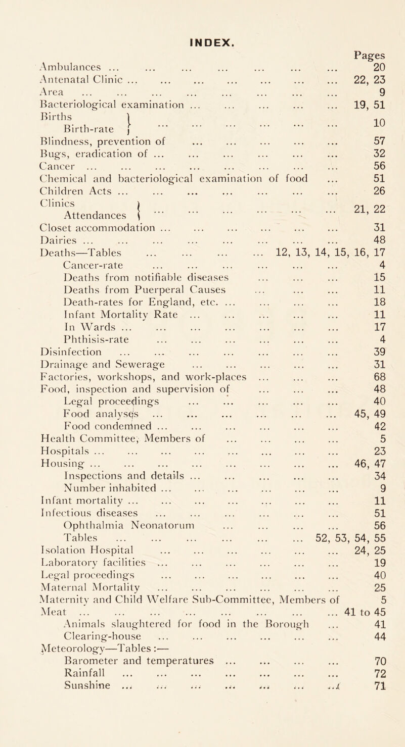 INDEX. bacteriological examination of food 12, 13, 14 Ambulances ... Antenatal Clinic ... Area Bacteriological examination Births 1 Birth-rate j Blindness, prevention of Bugs, eradication of ... Cancer Chemical and Children Acts Clinics Attendances Closet accommodation Dairies ... Deaths—Tables Cancer-rate Deaths from notifiable diseases Deaths from Puerperal Causes Death-rates for England, etc. ... Infant Mortality Rate In Wards ... Phthisis-rate Disinfection Drainage and Sewerage Factories, workshops, and work-places Food, inspection and supervision of Legal proceedings Food analyses Food condemned ... Health Committee, Members of Hospitals ... Housing ... Inspections and details ... Number inhabited ... Infant mortality ... Infectious diseases Ophthalmia Neonatorum Tables ... ... ... ... ... ... 52 Isolation Hospital Laboratory facilities Legal proceedings Maternal Mortality Maternity and Child Welfare Sub-Committee, Members Meat Animals slaughtered for food in the Clearing-house Jvfeteorology—Tables :— Barometer and temperatures ... Rainfall Sunshine Borough Pages 20 22, 23 9 19, 51 10 57 32 56 51 26 21, 22 31 48 15, 16, 17 4 15 11 18 11 17 4 39 31 68 48 40 45, 49 42 5 23 46, 47 34 9 11 51 56 53, 54, 55 24, 25 19 40 25 of 5 41 to 45 41 44 70 72 71