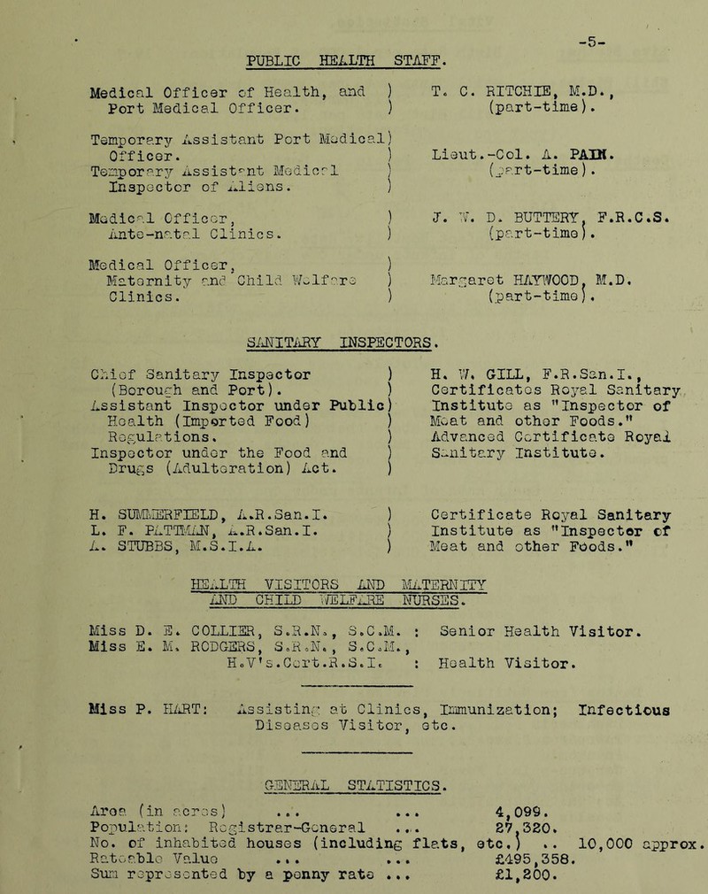 PUBLIC HELLTH STAFF -5- Medical Officer of Healthy and ) Port Medical Officer. ) T. C. RITCHIE, M.D., (part-time). Temporary Assistant Port Medical) Officer. ) Tenporar-jT Assist'^nt Medical ) Inspector of i..liens. ) Medical Officer, ) Ante-natal Clinics. ) Medical Officer, ) Blatornity anc* Child Vifelfare ) Clinics. ) Lieut.-Col. A. PAIM. (part-time). I. 7A D. BUTTERY. F.R.C.S. (part-time J. Maraaret HAYITOD. M.D, (part-time), SiJTITiiRY INSPECTORS. Chief Sanitary Inspector ) (Borough and Port). ) Assistant Inspector under Public) Health (Imported Food) ) Regulations. ) Inspector undor the Food and ) Drugs (Adulteration) Act. ) H. SUMIvIERFIELD, A.R.San.I. ) L. F. PATHvHJST, A.R.San.I. ) A. STUBBS, M.S.I.A. ) H. Vh GILL, F.R.San.I., Certificates Royal Sanitary Institute as ’’Inspector of Moat and other Foods.” Advanced Certificate Royal Sanitary Institute. Certificate Royal Sanitary Institute as ’’Inspector cf Meat and other FOods.” HEiiLTH VISITORS AKD Mf^TERNITY IMP CHILD VIBLFAEE NXJESES. Miss D. E. COLLIER, S.R.N^, S.C.M. ; Senior Health Visitor. Miss E. M. RODGERS, S.RoN., S.C.M., HoV’s.Cart.R.Sole : Health Visitor. Miss P. HART: Assisting at Clinics, Immunization; Infectious Diseases Visitor, etc. general STATISTICS. Area (in acres) ... ... Pojpulation: Registrar-General .... No. of inhabited houses (including flats, etc.) .. 10,000 approx RatoahlG Value ... ... £495,358. Sura represented by a penny rate ... £1,200. 4,099. 87,320.