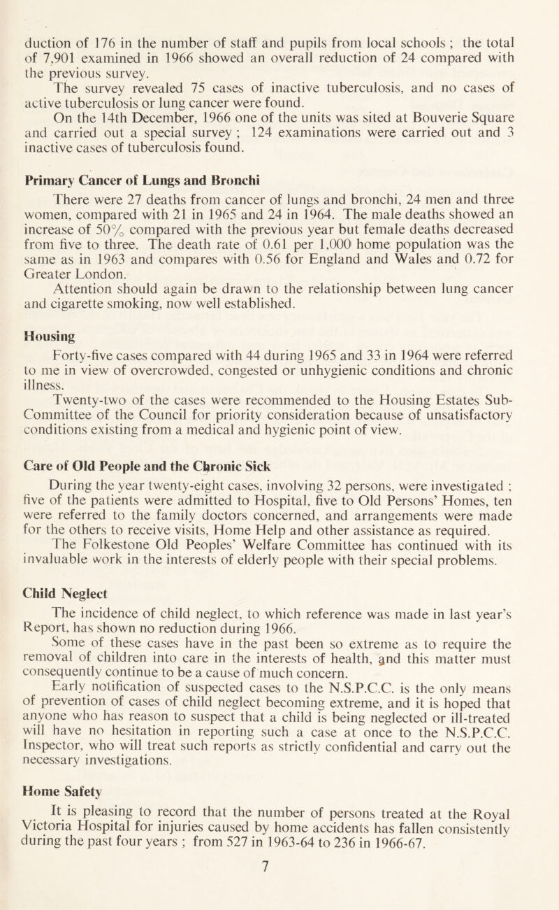 daction of 176 in the number of statf and pupils from local schools ; the total of 7,901 examined in 1966 showed an overall reduction of 24 compared with the previous survey. The survey revealed 75 cases of inactive tuberculosis, and no cases of active tuberculosis or lung cancer were found. On the 14th December, 1966 one of the units was sited at Bouverie Square and carried out a special survey ; 124 examinations were carried out and 3 inactive cases of tuberculosis found. Primary Cancer of Lungs and Bronchi There were 27 deaths from cancer of lungs and bronchi, 24 men and three women, compared with 21 in 1965 and 24 in 1964. The male deaths showed an increase of 50% compared with the previous year but female deaths decreased from five to three. The death rate of 0.61 per 1,000' home population was the same as in 1963 and compares with 0.56 for England and Wales and 0.72 for Greater London. Attention should again be drawn to the relationship between lung cancer and cigarette smoking, now well established. Housing Forty-five cases compared with 44 during 1965 and 33 in 1964 were referred to me in view of overcrowded, congested or unhygienic conditions and chronic illness. Twenty-two of the cases were recommended to the Housing: Estates Sub- Committee of the Council for priority consideration because of unsatisfactory conditions existing from a medical and hygienic point of view. Care of Old People and the Chronic Sick During the year twenty-eight cases, involving 32 persons, were investigated ; five of the patients were admitted to Hospital, five to Old Persons’ Homes, ten were referred to the family doctors concerned, and arrangements were made for the others to receive visits. Home Help and other assistance as required. The Folkestone Old Peoples’ Welfare Committee has continued with its invaluable work in the interests of elderly people with their special problems. Child Neglect The incidence of child neglect, to which reference was made in last year’s Report has shown no reduction during 1966. Some of these cases have in the past been so extreme as to require the removal of children into care in the interests of health, §nd this matter must consequently continue to be a cause of much concern. Early notification of suspected cases to the N.S.P.C.C. is the only means of prevention of cases of child neglect becoming extreme, and it is hoped that anyone who has reason to suspect that a child is being neglected or ill-treated will have no hesitation in reporting such a case at once to the N.S.P.C.C. Inspector, who will treat such reports as strictly confidential and carry out the necessary investigations. Home Safety It is pleasing to record that the number of persons treated at the Royal Victoria Hospital for injuries caused by home accidents has fallen consistently during the past four years ; from 527 in 1963-64 to 236 in 1966-67.
