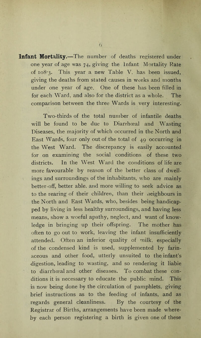 Infant Mortality.—The number of deaths ref^istered under one year of age was 74, giving the Infant Mortality Rate of io8’3. This year a new Table V. has been issued, giving the deaths from stated causes in weeks and months under one year of age. One of these has been filled in for each Ward, and also for the district as a whole. The comparison between the three Wards is very interesting. Two-thirds of the total number of infantile deaths will be found to be due to Diarrhceal and Wasting Diseases, the majority of which occurred in the North and East Wards, four only out of the total of 49 occurring in the West Ward. The discrepancy is easily accounted for on examining the social conditions of these two districts. In the West Ward the conditions of life are more favourable by reason of the better class of dwell- ings and surroundings of the inhabitants, who are mainly better-off, better able, and more willing to seek advice as to the rearing of their children, than their neighbours in the North and East Wards, who, besides being handicap- ped by living in less healthy surroundings, and having less means, show a woeful apathy, neglect, and want of know- ledge in bringing up their offspring. The mother has often to go out to work, leaving the infant insufficiently attended. Often an inferior quality of milk, especially of the condensed kind is used, supplemented by farin- aceous and other food, utterly unsuited to the infant’s digestion, leading to wasting, and so rendering it liable to diarrhceal and other diseases. To combat these con- ditions it is necessary to educate the public mind. This is now being done by the circulation of pamphlets, giving brief instructions as to the feeding of infants, and as regards general cleanliness. By the courtesy of the Registrar of Births, arrangements have been made where- by each person registering a birth is given one of these