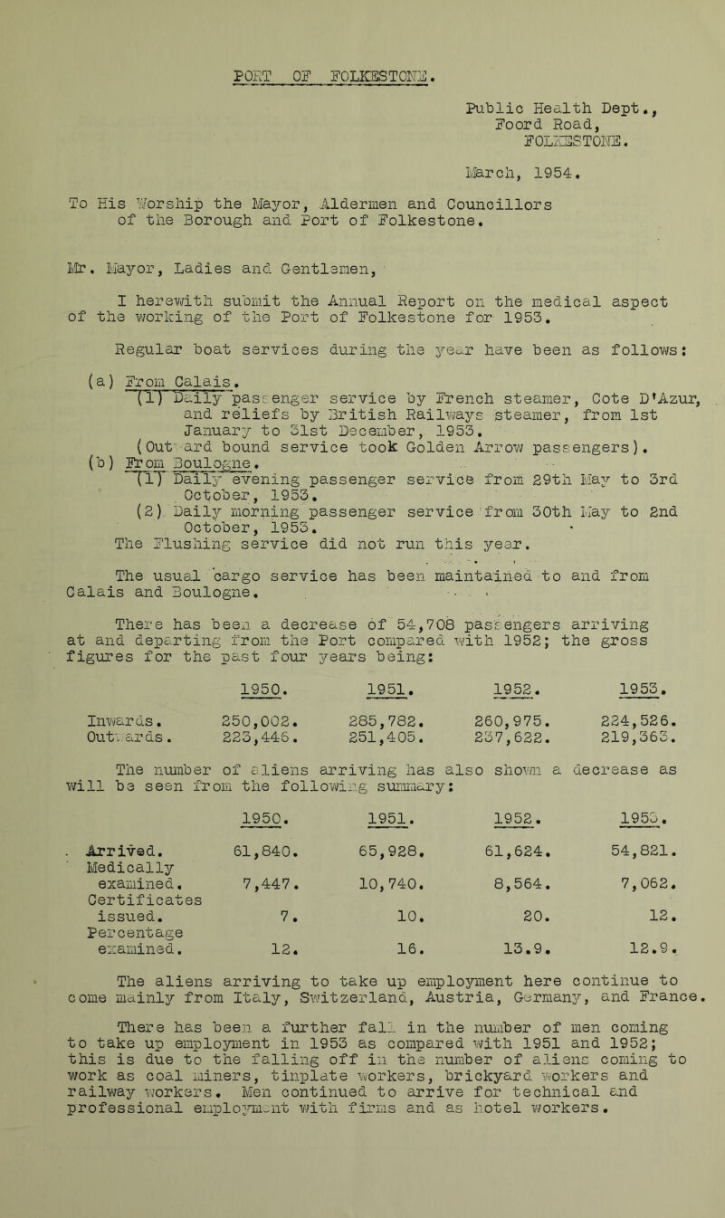 POET OF FOLKESTONE Public Health Dept., Foord Road, FOLKESTONE. March, 1954, To His Worship the Mayor, Aldermen and Councillors of the Borough and Port of Folkestone. Mr. Mayor, Ladies and Gentlemen, I herewith submit the Annual Report on the medical aspect of the working of the Port of Folkestone for 1953. Regular boat services during the year have been as follows: (a) From Calais. -nr Daily passenger service by French steamer, Cote D’Azur, and reliefs by British Railways steamer, from 1st January to 31st December, 1953. (Out' ard bound service took Golden Arrow passengers). (b ) Ftom Boulogne. TIT Daily evening passenger service from 29th May to 3rd October, 1953. (2)/Daily morning passenger service from 30th May to 2nd October, 1953. The Flushing service did not run this year. The usual ’cargo service has been maintained to and from Calais and Boulogne. - . . There has been a decrease of 54,708 passengers arriving at and departing from the Port compared with 1952; the gross figures for the past four years being: 1950. 1951. 1952. 1953. Inwards. 250,002. 285,782. 260,975. 224,526. Outwards. 223,446. 251,405. 237,622. 219,363. The number of aliens arriving has a Iso shown a decrease as will be seen from the following summary: 1950. 1951. 1952. 1953. . Arrived. 61,840. 65,928. 61,624. 54,821. Medically examined, 7,447. 10,740. 8,564. 7,062. Certificates issued. 7. 10. 20. 12. Percentage examined. 12. 16. 13.9. 12.9. The aliens arriving to take up employment here continue to come mainly from Italy, Switzerland, Austria, Germany, and France. There has been a further fall in the number of men coming to take up employment in 1953 as compared with 1951 and 1952; this is due to the falling off in the number of aliens coming to work as coal miners, tinplate workers, brickyard workers and railway workers. Men continued to arrive for technical and professional employment with firms and as hotel workers.