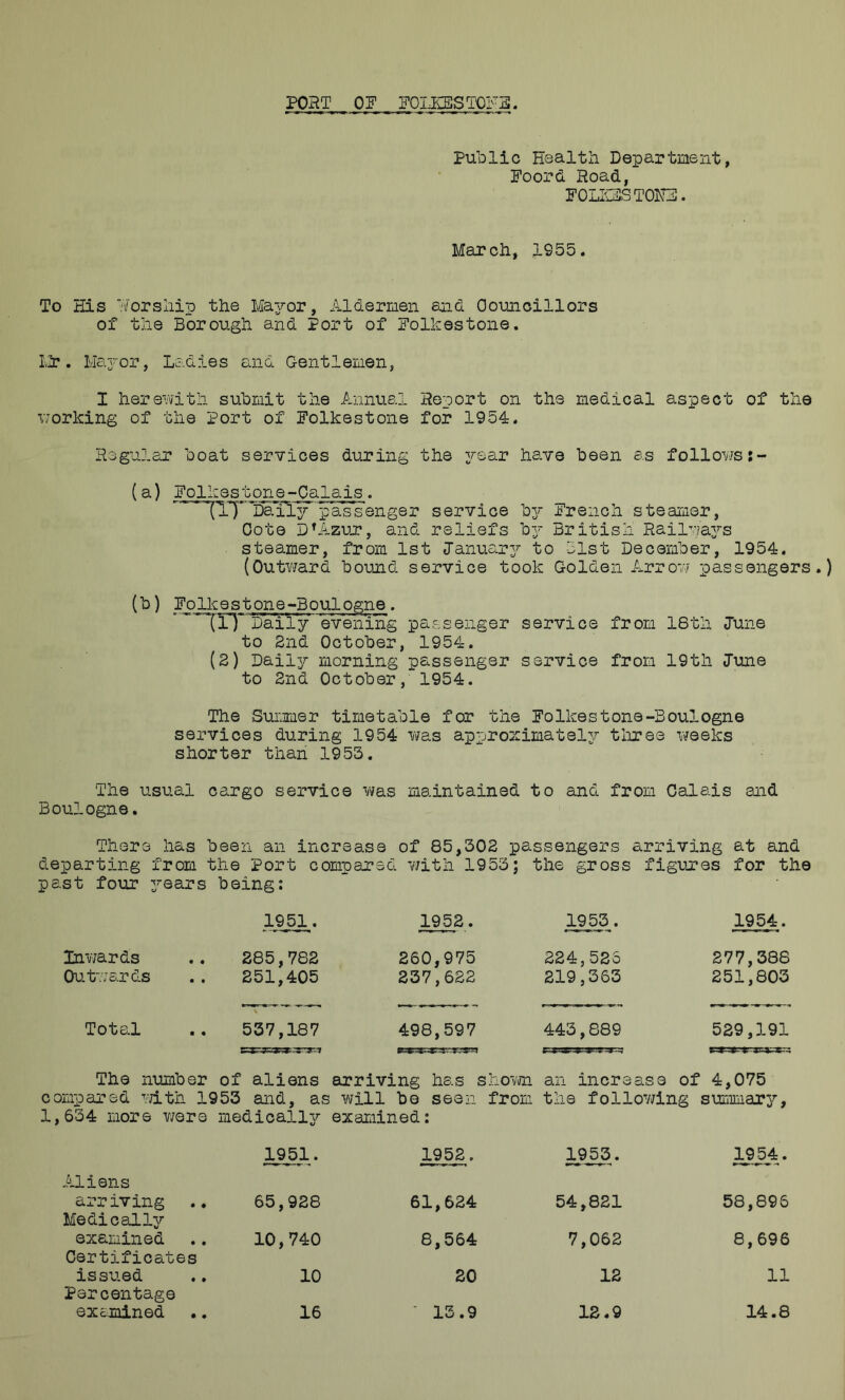 PORT OP FOLEESTOFS. Public Health Department, Foord Road, F0LE3ST0FE. March, 1955. To His 7v'orship the Mayor, Aldermen and Ooimcillors of the Borough and Port of Folkestone. I.2r. Ma^^^or, Ladies and Gentlemen, I herewith submit the Annual Report on the medical aspect of the working of the Port of Folkestone for 1954. Regular boat services during the yea-r have been as follows5- (a) Folkestone-Calais. ^ (17''Daily passenger service '037- French steamer, Cote DAlzun, and reliefs b3- British Railwa3?’s steamer, from 1st Januar3^ to list December, 1954. (Outward bound service took Golden Arrow passengers.) (b) Folkestone-Boulogne. ■uaily evening passenger service from 18th June to Slid October, 1954. (S) Daily morning passenger service from 19th June to Snd October, 1954. The Summer timetable for the Folkestone-Boulogne services during 1954 was appro2:imatel37- tliree weeks shorter than 1955. The usual cargo service was maintained to and from Calais and Boulogne. There has been an increase of 85,302 passengers arriving at and departing from the Port compajred iilth 1953; the gross figures for the past four 3^ears being: 1951. 1952. 1955. 1954. Inwards 285,782 260,975 224,526 277,388 Outwards 251,405 237,622 219,363 251,803 Total 537,187 498,597 443,889 529,191 The number of aliens arriving has shovm an increase of 4,075 compared vdth 1953 and, as will be seen from the follo77ing summar37-, 1,634 more v/ere medicall3r examined: 1951. 1952, 1953. 1954. iiliens arriving .. Medical 137’ 65,928 61,624 54,821 58,896 examined Certificates 10,740 8,564 7,062 8,696 issued Percentage 10 20 12 11 examined 16 ' 13.9 12.9 14.8
