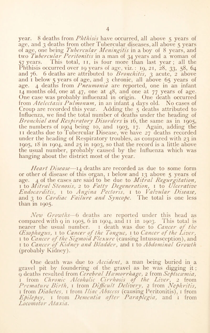 year. 8 deaths from Phthisis have occurred, all above 5 years of as^e, and 3 deaths from other Tubercular diseases, all above 5 years of age, one being Tubercular Menin^^itis in a boy of 8 years, and two Tubercular Peritofiitis in a man of 34 years and a woman of 57 years. This total, ii, is four more than last year; all the Phthisis occurred over ig years of age, viz. : ig, 21, 28, 33, 58, 64 and 76. 6 deaths are attributed to Bronchitis, 3 acute, 2 above and I below 5 years of age, and 3 chronic, all above 65 years of age. 4 deaths from P?ieumonia are reported, one in an infant 14 months old, one at 47, one at 48, and one at 77 years of age. One case was probably influenzal in origin. One death occurred from Atelectasis Pulmonum, in an infant 4 days old. No cases of Croup are recorded this year. Adding the 5 deaths attributed to Influenza, we And the total number of deaths under the heading of Bronchial and Respiratory Disorders is 16, the same as in 1905, the numbers of igo4 being 10, and 1903, 17. Again, adding the II deaths due to Tubercular Disease, we have 27 deaths recorded under the heading of Respiratory troubles, as compared with 23 in 1905, 18 in 1904, and 25 in 1903, so that the record is a little above the usual number, probably caused by the Influenza which was hanging about the district most of the year. Heart Disease—14 deaths are recorded as due to some form or other of disease of this organ, i below and 13 above 5 years of age. 4 of the cases are said to be due to Mitral Regurgitation, I to Mitral Stenosis, 2 to Fatty Degeneration, i to Ulcerative Endocarditis, i to Angina Pectoris, i to Valvular Disease, and 3 to Cardiac Failure and Syncope. The total is one less than in 1905. New Growths—6 deaths are reported under this head as compared with 9 in 1905, 6 in 1904, and ii in 1903. This total is nearer the usual number. i death was due to Cancer of the CFsophagus, i to Cancer of the Tongue, i to Cancer of the Liver, I to Cancer of the Sigmoid Flexure (causing Intussusception), and i to Cancer of Kidney and Bladder, and i to Abdominal Growth (probably Kidney). One death was due to Accident, a man being buried in a gravel pit by foundering of the gravel as he was digging it ; 9 deaths resulted from Cerebral Haemorrhage, 2 from Septicaemia, i from Chronic Alcoholic Cirrhosis of the Liver, 2 from Premature Birth, i from Difficult Delivery, 2 from Nephritis, i from Diabetes, i from Iliac Abscess (causing Peritonitis), i from Epilepsy, i from Dementia after Paraplegia, and i from Locomotor Ataxia.