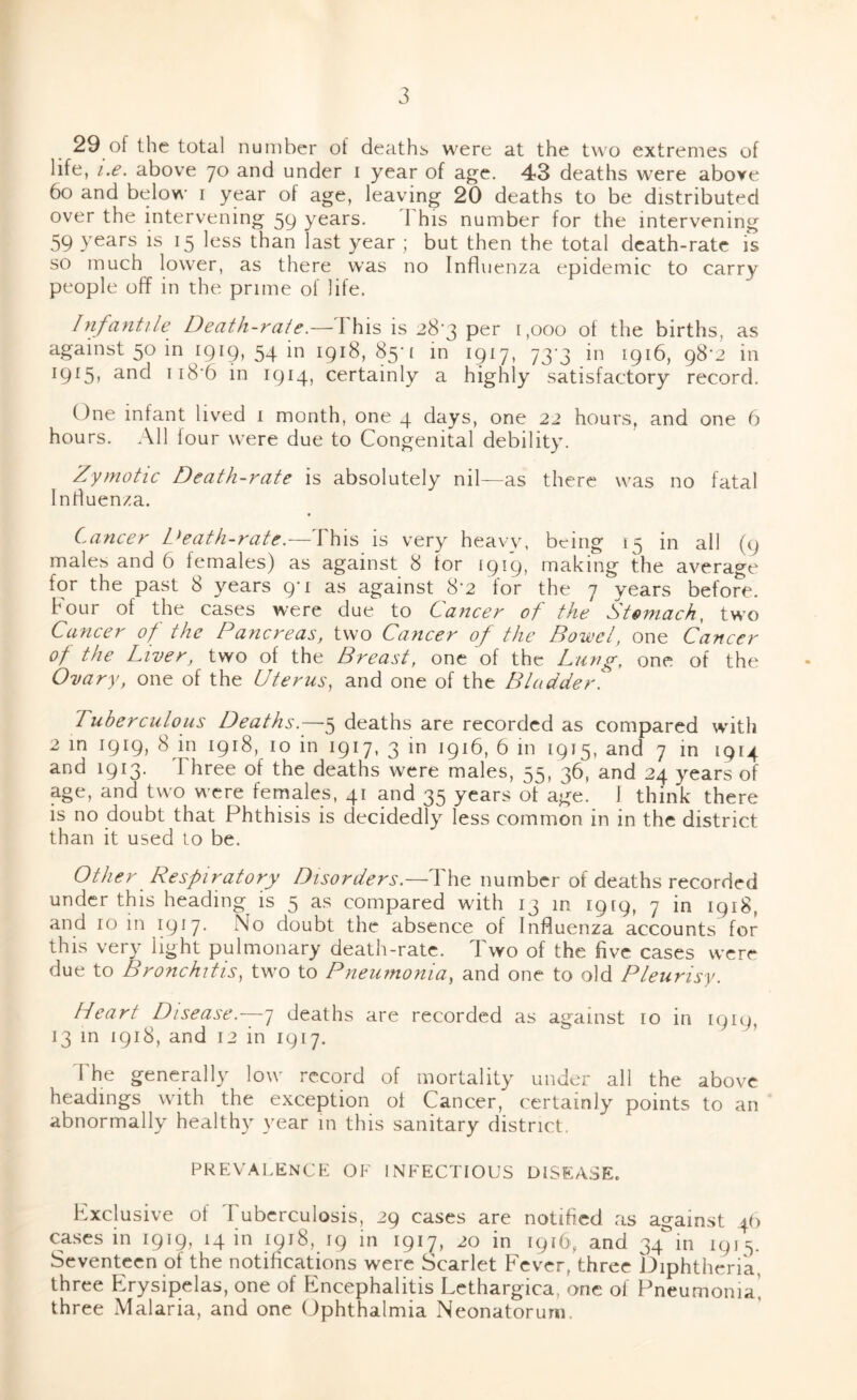 29 of the total number of deaths were at the two extremes of life, i.e. above 70 and under i year of age. 43 deaths were above 60 and below i year of age, leaving 20 deaths to be distributed over the intervening 59 years. I his number for the intervening 59 years is 15 less than last year ; but then the total death-rate is so much lower, as there was no Influenza epidemic to carry people off in the prime of life. Infantile Death-rate.— I his is 28'3 per 1,000 of the births, as against 50 in igig, 54 in 1918, 85-[ in 1917, 73'3 in 1916, 98*2 in 1915, and ii8‘6 in 1914, certainly a highly satisfactory record. One infant lived 1 month, one 4 days, one 22 hours, and one 6 hours. All four were due to Congenital debility. Zymotic Death-rate is absolutely nil—as there was no fatal Influenza. Cancer Death-rate.—This is very heavy, being 15 in all (9 males and 6 females) as against 8 for 1919, making the average for the past 8 years g-i as against 8’2 for the 7 years before, hour of the cases were due to Cancer of the Stomach^ two Cancer of the Pancreas, two Cancer of the Bowel, one Cancer of the Liver, two of the Breast, one of the Lung, one of the Ovary, one of the Uterus, and one of the Bladder. Tuberculous Deaths.deaths are recorded as compared wdth 2 in igig, 8 in 1918, 10 in 1917, 3 in 1916, 6 in 1915, and 7 in 1914 and 1913. Three of the deaths were males, 55, 36, and 24 years of age, and two were females, 41 and 35 years of age. I think there is no doubt that Phthisis is decidedly less common in in the district than it used to be. Other Respiratory Disorders.~T\\^ number of deaths recorded under this heading is 5 as compared with 13 m 1919, 7 in 1918, and 10 in 1917. No doubt the absence of Influenza accounts for this very light pulmonary death-rate. Two of the five cases were due to Bronchitis, two to Pneumonia, and one to old Pleurisy. Heart Disease.—7 deaths are recorded as against 10 in 1919, 13 in 1918, and 12 in 1917. The generally low record of mortality under all the above headings with the exception of Cancer, certainly points to an abnormally healthy year in this sanitary district. PREVALENCE OF INFECTIOUS DISEASE. Exclusive of Tuberculosis, 29 cases are notified as against 4!) cases in 1919, 14 in 1918, 19 in 1917, 20 in igi6, and 34 in 1913. Seventeen of the notifications were Scarlet Fever, three Diphtheria, three Erysipelas, one of Encephalitis Lcthargica, one of Pneumonia’, three Malaria, and one Ophthalmia Neonatorum.