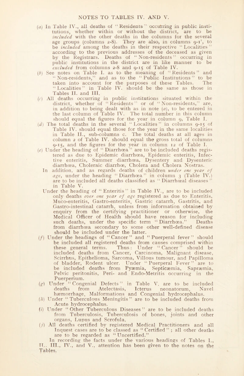{a} In Table IV., all deaths of “Residents” occurring in public insti- tutions, whether within or without the district, are to be included with the other deaths in the columns for the several age groups (columns 2-8). They are also, in columns 9-1’, to be included among the deaths in their respective “ Localities ” according to the previous addresses of the deceased as given by the Registrars. Deaths of “ Non-residents ” occurring in public institutions in the district are in like manner to be excluded from columns 2-8 and 9-15 of Table IV. [b] See notes on Table 1. as to^ the meaning of “ Residents ” and “ Non-residents,” and as tO' the “ Public Institutions ” to be taken into account for the purposes of these Tables. The “Localities” in Table IV. should be the same as those in Tables II. and III. [c] All deaths occurring in public institutions situated within the district, whether of “ Residents ” or of “ Non-residents,” are, in addition to being dealt with as in note (a), to be entered in the last column of Table IV. The total number in this column should equal the figures for the year in column 9, Table I. [d] The total deaths in the several “ Localities ” in columns 9-15 of Table IV. should equal those for the year in the same localities in Table II., sub-columns c. The total deaths at all ages in column 2 of Table IV. should equal the gross total of columns 9-15, and the figures for the year in column 12 of Table I. [e] Under the heading of “ Diarrhoea” are to^ be included deaths regis- tered as due to Epidemic diarrhoea. Epidemic enteritis. Infec- tive enteritis, Summer diarrhoea, Dysentery and Dysenteric diarrhoea, Choleraic diarrhoe. Cholera and Cholera Nostras. In addition, and as regards deaths of children under one year of age^ under the heading “Diarrhoea” in column 3 (Table IV.) are to be included all deaths classified as “ Diarrhoea! diseases ” in Table V. Under the heading of “ Enteritis” in Table IV., are to be included only deaths over one year of age registered as due tO' Enteritis, Muco-enteritis, Gastro-enteritis, Gastric catarrh, Gastritis, and Gastro-intestinal catarrh, unless from information obtained by enquiry from the certifying practitioner or otherwise, the Medical Officer of Health should have reason for including such deaths, under the specific term “ Diarrhoea.” Deaths from diarrhoea secondary to some other well-defined disease should be included under the latter. (/) lender the headings of “Cancer” and “Puerperal fever” should be included all registered deaths from causes comprised within these general terms. Thus: Under “ Cancer ” should be included deaths from Cancer, Carcinoma, Malignant disease, Scirrhus, Epithelioma, Sarcoma, Villous tumour, and Papilloma of bladder. Rodent ulcer. Under “ Puerperal Fever ” are to be included deaths from Pyaemia, Septicaemia, .Sapraemia, Pelvic peritonitis. Peri- and Endo-Metritis occurring in the Puerperium. (g) lender “Congenial Defects” in Table V. are to be included deaths from Atelectasis, Icterus neonatorum. Navel haemorrhage, Malformations and Congenial hydrocephalus. (/?) Under “ Tuberculous Meningitis ” are tO' be included deaths from Acute hydrocephalus. (i) Under “ Other Tuberculous Diseases ” are tO' be included deaths from Tuberculosis, Tuberculosis of bones, joints and other organs. Lupus and Scrofula. (/) All deaths certified by registered Medical Practitioners and all Inquest cases are to- be classed as “ Certified ” ; all other deaths are to be regarded as “ Uncertified.” In recording the facts under the various headings of Tables I., IT.. III., IV., and V., attention has been given to the notes on the Tables.