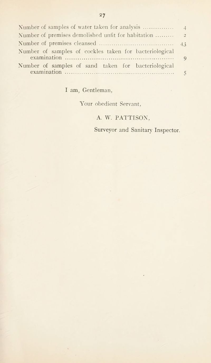 Number of samples of water taken for analysis 4 Number of premises demolished unfit for habitation 2 Number of premises cleansed 43 Number of samples of cockles taken for bacteriological examination 9 Number of samples of sand taken for bacteriological examination 5 I am. Gentleman, Your obedient Servant, A. W. PATTISON, Surveyor and Sanitary Inspector.