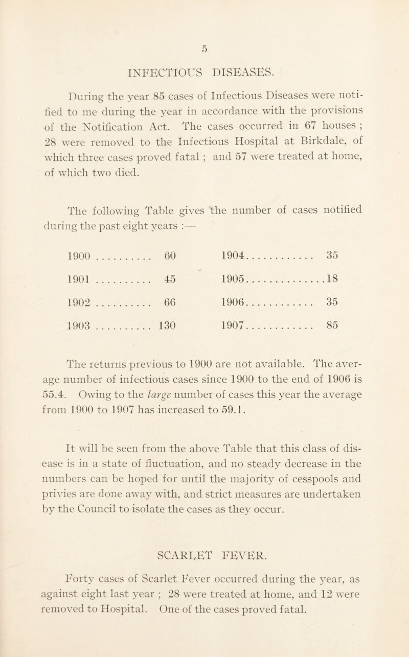 INFECTIOUvS DISEASEvS. During the year 85 cases of Infectious Diseases were noti- fied to me during the year in accordance with the provisions of the Notification Act. The cases occurred in 67 houses ; 28 were removed to the Infectious Hospital at Birkdale, of which three cases proved fatal ; and 57 were treated at home, of which two died. The following Table gives the number of cases notified during the past eight years :— 1900 60 1904 35 1901 45 1905 18 1902 66 1906 35 1903 130 1907 85 The returns previous to 1900 are not available. The aver- age number of infectious cases since 1900 to the end of 1906 is 55.4. Owing to the large number of cases this year the average from 1900 to 1907 has increased to 59.1. It will be seen from the above Table that this class of dis- ease is in a state of fluctuation, and no steady decrease in the numbers can be hoped for until the majority of cesspools and privies are done away with, and strict measures are undertaken by the Council to isolate the cases as they occur. vSCARI.ET FEVER. Forty cases of Scarlet Fever occurred during the year, as against eight last year ; 28 were treated at home, and 12 were removed to Hospital. One of the cases proved fatal.