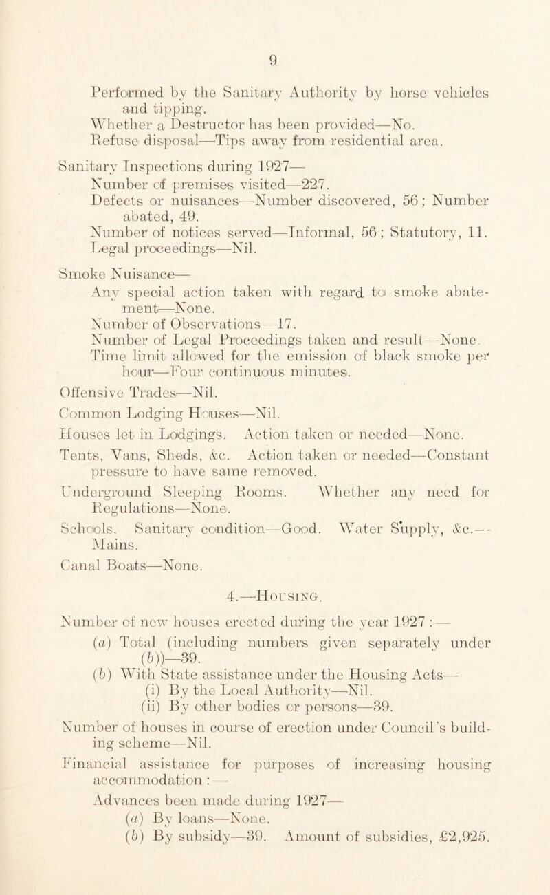 Perfoirmed bv the Sanitary Authority by horse yehicles and tipping. Whether a Destructor has been proyided—No. Refuse disposal—^Tips a,way from residential area. Sanitary Inspections during 1927— Number of premises yisited—^227. Defects or nuisances—Number discoyered, 56; Number abated, 49. Number of notices seryed—Informal, 56; Statutory, 11. Legal proceedings—Nil. Smoke Nuisance— Any special action taken with regard toi smoke abate- ment^—^None. Number of Obseryations—17. Number of Legal Proceedings taken and result—None. Time limit allowed for the emission of black smoke per hour—^Four continuous minutes. Olfensiye Trades-—Nil. Common Imdging Houses—Nil. Houses let in Lodgings. Action taken or needed—None. Tents, Vans, Sheds, Fc. Action taken or needed—Constant pressure to haye same remoyed. Underground Sleeping Rooms. Whether any need for Regulations—None. Schools. Sanitary condition—Good. Water Supply, &c.—- Mains. Canal Boats—None. 4.—Housing. Number of new houses erected during tlie year 1927 : — (a) Total (including numbers given separately under (b) W ith State assistance under the Housing Acts— (i) By the Local Authority—^Nil. (ii) By other bodies or persons—39. Number of houses in course of erection under Council's build- ing scheme—Nil. Financial assistance for ])urposes of increasing housing accommodation : — Adyances been made during 1927— (a) By loans—None. (b) By subsidy—39. Amount of subsidies, £2,925.