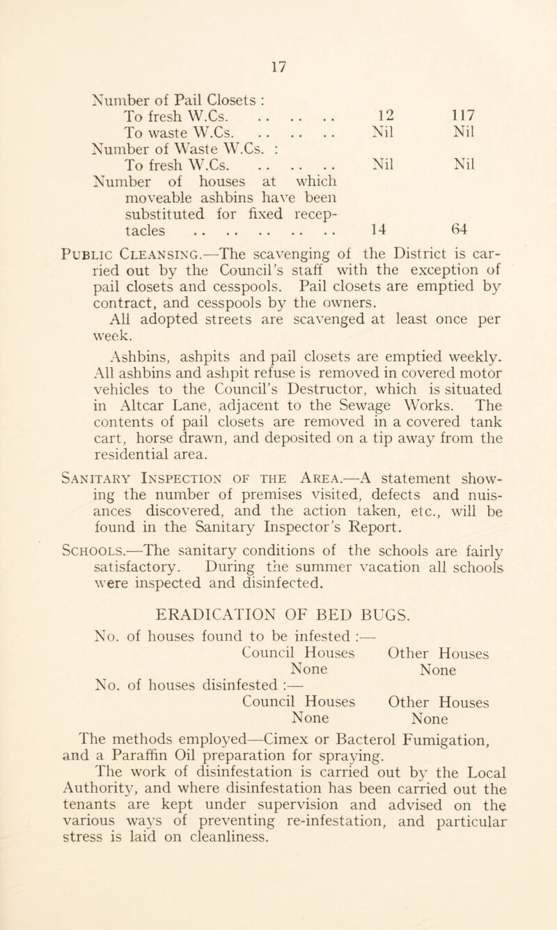 Number of Pail Closets : To fresh W.Cs 12 117 To waste W.Cs Nil Nil Number of Waste W.Cs. : To fresh W.Cs Nil Nil Number of houses at which moveable ashbins hai’e been substituted for fixed recep- tacles 14 64 Public Cleansing.—The scavenging of the District is car- ried out by the Council’s staff with the exception of pail closets and cesspools. Pail closets are emptied by contract, and cesspools by the owners. All adopted streets are scavenged at least once per week. Ashbins, ashpits and pail closets are emptied weekly^ All ashbins and ashpit refuse is removed in covered motor vehicles to the Council’s Destructor, which is situated in Altcar Lane, adjacent to the Sewage Works. The contents of pail closets are removed in a covered tank cart, horse drawn, and deposited on a tip away from the residential area. Sanitary Inspection of the Area.—A statement show- ing the number of premises visited, defects and nuis- ances discovered, and the action taken, etc., will be found in the Sanitary Inspector’s Report. Schools.—The sanitary conditions of the schools are fairly satisfactory. During the summer vacation all schools were inspected and disinfected. ERADICATION OF BED BUGS. No. of houses found to be infested :— Council Houses None No. of houses disinfested :— Council Houses None Other Houses None Other Houses None The methods employed—Cimex or Bacterol Fumigation, and a Paraffin Oil preparation for spraying. The work of disinfestation is carried out by the Local Authorit}^ and where disinfestation has been carried out the tenants are kept under supervision and advised on the various ways of preventing re-infestation, and particular stress is laid on cleanliness.