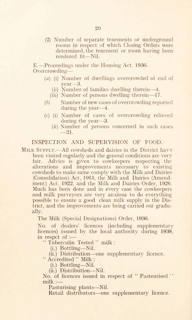 (2) Number of separate tenements or underground rooms in respect of which Closing Orders were determined, the tenement or room having been rendered lit^—Nil. E.—Proceedings under the Housing Act, 1936. Overcrowding— (a) (i) Number of dwellings overcrowded at end of year—3. (ii) Number of families dwelling therein—4. (iii) Number of persons dwelling therein—17. {h) Number of new cases of overcrowding reported during the year—4. (c) (i) Number of cases of overcrowding relieved during the year—3. (ii) Number of persons concerned in such cases —21. INSPECTION AND SUPERVISION OF FOOD. Milk Supply.—All cowHieds and dairies in the District have been visited regularly and the general conditions are very fair. Advice is given to cowkeepers respecting the alterations and improvements necessary to existing cowsheds to make same comply with the Milk and Dairies (Consolidation) Act, 1915, the Milk and Dairies (Amend- ment) Act, 1922, and the Milk and Dairies Order, 1926. Much has been done and in every case the cowkeepers and milk purveyors are very anxious to do everything possible to ensure a good clean milk supply in the Dis- trict, and the improvements are being carried out gradu- ally. The Milk (Special Designations) Order, 1936. No. of dealers’ licences (including supplementary licences) issued by the local authority during 1938, in respct of :—• “ Tuberculin Tested ” milk : (i.) Bottling—Nil. (ii.) Distribution—one supplementar}’ licence. “ Accredited ” Milk : (i.) Bottling—Nil. (ii.) Distribution—Nil. No. of licences issued in respect of “ Pasteurised ' ’ milk :— Pasturising plants—Nil. Retail distributors—one supplementary licence.