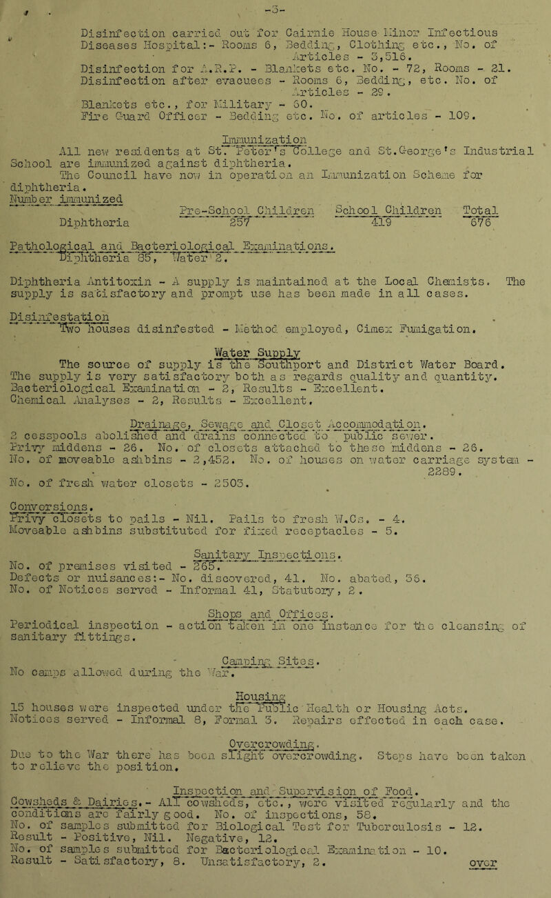/ -o- Disinfection carried out for Cairnie House Minor Infectious Diseases Hospital:- Rooms 6, Bedding, Clothing etc., No. of Articles - 3,516. Disinfection for A.R.P. - Blankets etc. No. - 72, Rooms - 21. Disinfection after evacuees - Rooms 6, Bedding, etc. No. of ' Articles - 2S. Blankets etc., for Military - 60. Hire Guard Officer - Bedding etc. No. of articles - 10S. Immunization All new residents at St. Peter ’~s College and St.George fs Industrial Sciiool are immunized against diphtheria. The Council have now in operation .an Immunization Scheme for diphtheria. Number immunized Pre-School Children School Children Total Diphtheria ~ 251 ~ ' ' 419  “ 676 Pathological and Bacteriological Examinations. “ DipEtheria ’85, Water “2.' Diphtheria Antitoxin - A supply is maintained at the Local Chemists. The supply is satisfactory and prompt use has been made in all cases. Disinfestation ~Wo houses disinfested - Method employed, Cimex Fumigation. Water Supply The source of supply i's tlTe ’Southport and District Water Board. The supply is very satisfactory both as regards quality and quantity. Bacteriological Examination - 2, Results - Excellent. Chemical Analyses - 2, Results - Excellent. Drainage, Sewage and Closet Accommodation. 2 cesspools abolished ‘and drains ’connecl}ed*tb _ public**sev7er. Priyy middens - 26. No. of closets attached to these 'middens - 26. No. of moveable ashbins - 2,452. No. of houses on water carriage system - 2289. No, of fresh water closets - 2 503. Convorsions. Privy closets to pails - Nil. Pails to fresh ¥,Cs. - 4. Moveable ashbins substituted for fixed receptacles - 5. Sanit ary Ins pec tions. No. of premises visited - 2SBT ~ Defects or nuisances:- No. discovered, 41. No. abated, 36. No. of Notices served - Informal 41, Statutory, 2. Shops and Offices. Periodical inspection - action!akenXn'Xme Instance for the cleansing of sanitary fittings. Camping Siten. No camps allowed during the War. 15 houses were Notices served Housing inspected under tEe Public Health or Housing Acts. - informal 8, Normal 3. Repairs effected in each case. Overcrowding. Due to the War there has been slight overcrowding. to relieve the position. Steps have been taken Inspection and - Super vi-sion of Food. Cowsheds & Dairies.- All cowsKeds, etc., were visitecfregularly and the conditions are fairly good. No. of inspections, 58. No. of samples submitted for Biological Test for Tuberculosis - 12. Result - Positive, Nil. Negative, 12. No. of samples submitted for Bacteriological Examination - 10.