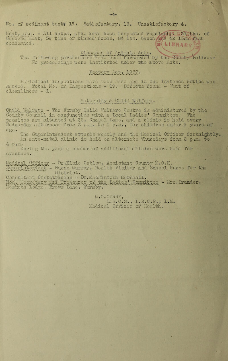 4- No. o;i? sediment testg 17 < Satisfactory, 15. Unsatisfactory 4. Iicat, ^tc^ - All shops-, etc. have boon inspected regularly^ __ 31'.lbs. of mTsouncIT moat, 59 tins of tinned' foods, 84 lbs. bacon/and 42 IbhV.-fish o ondorned. f g ( LI & ft * p < Diseases of Animals Acts. v v,..':-— The following; particulars have- b’oen forwarded by tlie* County Police:-' No proceedings were instituted under the above Acts. Factory Apt.’.. 1J33JZ• Periodical'inspections have been nude and in one instance Notice was served. Total No. of Inspections - 19. Defects found - 'Ant of c loanline ss •- 1, Maternity & Chiia_ Welfare. ChifLd^ T-lolfaro - The Formby Child Welfare Centre is administered by the TTouHtyTJoimcil in conjunction with a Local Ladies.* Conmitto;o. The pranises arc situated at 25, Chapel Lane, and a clinic is held every Wednesday afternoon from 2 p.m. to 4 p.m., for children under 5 years of ago, The Superintendent attends weekly and the Medical Officer fortnightly. In ante-natal clinic is held on alternate Thursdays from 2 p.n. to 4 p.n. During the year a number 'of additional clinics wore hold for ova c.uses. llqd_ical_ fjLcjsr - Dr .El3ic Catlow , Assistant County M.O.H. Nurse Murray, Health Visitor and School Nurse for the District. (Mvisultcnt _ Obstetrician - Dr .Mackintosh Marshall. Eon/ peer stary and rca sur or jof the. Ladios * . Commit too - Mrs. Brand er, Inslxnh “Lodge7 “Brows Lane , “Formby. M.G-. GAPPY, L.P.C.S., L.R.C.P., L.M. Medical Officer of Health.