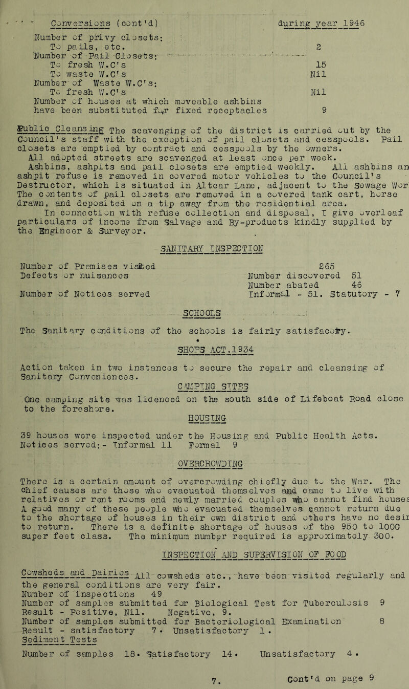 during year 1946 Conversions (cont’d) A^umber of privy closets*. To pails, etc. ,2 'Number of Pail Closets; - • ■ -* —■ To fresh W.C’s 15 To waste W.C’s Nil Number of Waste W.C''s; To fresh W.C^s Nil Number of houses at which moveable ashbins have been substituted fo,r fixed receptacles 9 gublio Cleansing ^he scavenging of the district is carried out by the Council's staff with the exception of pail closets and cesspools. Pail closets are emptied by contract and cesspools by the owners. All adopted streets are scavenged at least once per week. Ashbins, ashpits and pail closets are emptied weekly. All ashbins an ashpit refuse is removed in covered motor vehicles to the Council's Destructor, which is situated in Altcar Lane, adjacent to the Sewage Wor' The contents of pail closets are removed in a covered tank cart, horse drawn, and deposited on a tip away from the residential area. In connection with refuse collection and disposal, I give overleaf particulars of income from Salvage and By-products kindly supplied by the Engineer & Surveyor. SMIT^Y__INSP^TIOT Number of Premises visited 265 Defects or nuisances Number discovered 51 Number abated 46 Number of Notices served Informal - 51. Statutory - 7 ...-SCHOOLS o : The Sanitary conditions of the schools is fairly satisfacojry. SHOPS ACT,1954 Action taken in two instances to secure the repair and cleansing of Sanitary Conveniences. CMPI^_SITHS One camping site was licenced on the south side of Lifeboat Road close to the foreshore. HOUSING 39 houses were inspected under the Housing and Public Health Acts, Notices served; - Informal 11 Formal 9 OVERCROWDING There is ' a certain amount of overcrowding chiefly due t.^ the Vifar. The chief causes are those who evacuated themselves and came to live with relatives or rent rooms and newly married couples who cannot find houses A good many of these people who evacuated themselves cannot return due to the shortage of houses in their own district and others have no desii to return. There is a definite shortage of houses of the 950 to lOOO super feet class. The minimum number required is approximately 300. INS^CTipN_AND__3yPERVI3I0N_0P_F00D Cowsheds_^d_pairies cowsheds etc., have been visited regularly and the general conditions are very fair. Number of inspections 49 Number of samples submitted for Biological Test for Tuberculosis 9 Result - Positive, Nil. Negative, 9. Number of samples submitted for Bacteriological Examination 8 Result - satisfactory 7 . Unsatisfactory 1 . SedimontTest s Number of samples 18. Satisfactory 14. Unsatisfactory 4. Cont'd on page 9