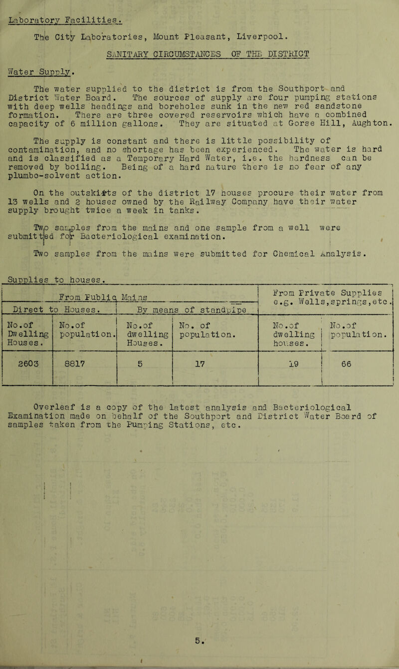 Laboratory Facilities. Tha City Laboratories, Mount Pleasant, Liverpool. SANITARY GIRGUMSTyiNCES OF THE PI STRICT Water Supply. The lA/ater supplied to the district is from the Southport and District Water Board. The sources of supply are four pumping stations with deep wells headings and boreholes sunk in the new red sandstone formation. There are three covered reservoirs which have a combined capacity of 6 million gallons. They are situated at Gorse Hill, Aughton. The supply is constant and there is little possibility of contamination, and no shortage has been experienced. The vi/ater is hard and is classified as a Temporary Hard Water, i.e. the hardness can be removed by boiling. Being of a hard nature there is no fear of any plumbo-solvent action. On the outskirts of the district 17 houses procure their water from 13 wells and 2 houses ox’vned by the Railway Company have their water supply brought twice a week in tanks, Twp samples from the mains and one sample from a well were submittjed fojr Bacteriological examination. Two samples from the mains were submitted for Chemical Analysis. Supplies to houses. From PubliCj Mains -- • '  j From Private Supplies e.g. Walls,springs,etc. Direct to Houses. i By means of standpipe No. of Dwelling Hous es. No • of population. No .of dwelling Houses. No. of population. No .of dwelling houses. . No .of population. 3603 8817 5 17 19 66 Overleaf is a copy of the latest analysis and Bacteriological Examination made on behalf of the Southport and District Water Board of samples taken from the Pumping Stations, etc. 5.