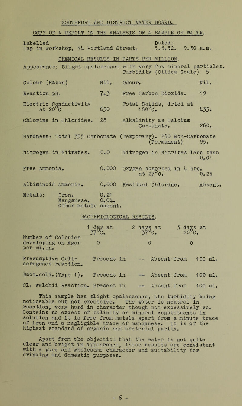 SOUTHPORT MD DISTRICT WATER BOARD, COPY OF A REPORT ON THE ANALYSIS OF A SABilPLE OF WATERo Labelled Dated; Tap in Workshop, lU Portland Street* 5® 8.52c 9o30 aonio CHEMICAL RESULTS IN PARTS PER MILLION* Appearance: Slight opalescence with very few mineral particles. Turbidity (Silica Scale) 5 Colour (Hazen) Nil. Odour. Nil Reaction pH. 7*3 Free Carbon Dioxide. 19 Electric Conductivity at 20°C 650 Total Solids, dried at 180°C. Chlorine in Chlorides. 28 Alkalinity as Calcium Carbonate. 260 Hardness: Total 355 Carbonate (Temporary). 260 Non-Carbonate (Permanent) 95o Nitrogen in Nitrates. 0.0 Nitrogen in Nitrites less than 0.01 Free Ammonia. 0.000 Oxygen absorbed in 4 hrs. at 27 C. 0.25 Albiminoid Ammonia. 0.000 Residual Chlorine. Absent Metals; Iron. 0.21 Manganese. 0.04. Other metals absent. o BACTERIOLOOICAL RESULTS* 1 day at 2 days at 3 davs at 37 Cc 37 C. 20^C. Number of Colonies developing on Agar per ml.in. 0 0 0 Presumptive Coli- aerogenes reaction. Present in — Ab sent from 100 ml. Bact.colio(Type 1). Present in — Absent from 100 ml. Cl. welchii Reaction. Present in — Absent from 100 ml. This sample has slight opalescence, the turbidity being noticeable but not excessive. The water is neutral in reaction, very hard in character though not excessively so. Contains no excess of salinity or mineral constituents in solution and it is free from metals apart from a minute trace of iron and a negligible trace of manganese. It is of the highest standard of organic and bacterial purity. Apart from the objection that the water is not quite clear and bright in appearance, these results are consistent with a pure and wholesome character and suitability for drinking and domestic purposes. - 6 -