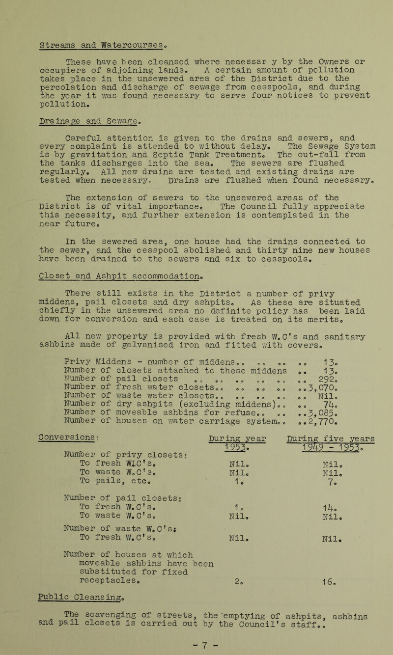 Streams and Watercourses These have been cleansed where necessar y hy the Owners or occupiers of adjoining landSo A certain amount of pollution takes place in the unsewered area of the District due to the percolation and discharge of sewage from cesspools, and during the year it was found necessary to serve four notices to prevent pollution® Drainage and Sewage® Careful attention is given to the drains and sev/ers, and every complaint is attended to virithout delay® The Sewage System is hy gravitation and Septic Tank Treatment® The out-fall from the tanks discharges into the sea® The sewers are flushed regularly. All ne\Y drains are tested and existing drains are tested when necessary® Drains are flushed when found necessary® The extension of sewers to the unsewered areas of the District is of vital importance® The Council fully appreciate this necessity, and further extension is contemplated in the near future® In the sevi/ered area, one house had the drains connected to the sewer, and the cesspool abolished and thirty nine new houses have been drained to the sewers and six to cesspools® Closet and Ashpit accommodation® There still exists in the District a number of privy middens, pail closets and dry ashpits® As these are situated chiefly in the unse?/ered area no definite policy has been laid down for conversion and each case is treated on its merits® ashbins made of galvanised iron and fitted ¥/ith covers® Privy Middens - number of middens®® o® o® O 0 1 3o Dumber of closets attached to these middens 0 ® 13® Number of pail closets 0 e 0 O 0 O O O 0 ® ® 292® Number of fresh water closets® O O O 0 O O 0 ®®3,070® Number of ?/aste ¥/ater closets® o o o 0 e o c 0 o Nil® Number of dry ashpits (excluding middens)®® « o 7 Number of moveable ashbins for refuse®. ®®3,085o Number of houses on water carriage system® ® ,.2,770. Conversions« During year During five years 1953® 1949 - 1953® Number of privy closets; To fresh WLC’s® Nil® Nil® To v/aste W.C’s® Nil® Nil® To pails, etc® 1® 7o Number of pail closets; To fresh W,C’s® 1 ® 14® To waste W. C’s® Nil, Nil, Number of waste VV.C’s; To f re sh W® C ’ s ® Nil, Nil. Number of houses at which moveable ashbins have been substituted for fixed receptacles® 2® 16® Public Cleansing® The scavenging of streets, the‘emptying of ashpits, ashbins and pail closets is carried out by the Council’s staff®.