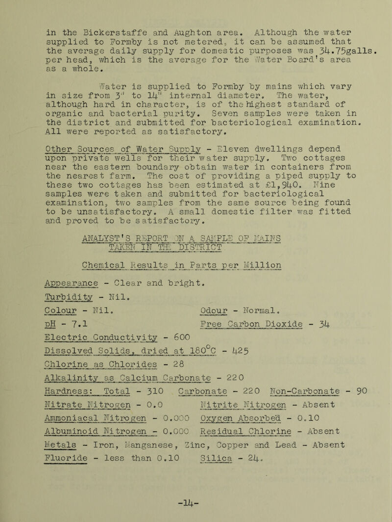 supplied to Bormhy is not metered, it can he assumed that the average daily supply for domestic purposes was 34.75galls. per head, which is the average for the vYater Board’s area as a whole. Water is supplied to Pormhy hy mains Y<ihlch vary in size from 3'* to 14” internal diameter. The ¥/ater, although hard in character, is of the highest standard of organic and bacterial purity. Seven samples v/ere taken in the district and submitted for bacteriological examination. All were reported as satisfactory. Other Sources of Water Supnly - Eleven dwellings depend upon private wells for their water supply. Two cottages near the eastern boundary obtain y/ater in containers from the nearest farm. The cost of providing a piped supply to these two cottages has been estimated at £1,940, Nine samples v;ere taken and submitted for bacteriological examiination, two samples from the same source being found to be unsatisfactory. A small domestic filter was fitted and proved to be satisfactory, ANALYST’S REPORT ON A SAliPLE OF aOiINS TMEN IN TIN TiTsTRICT^' Chemical Results in Parts per Million earance - Clear and bright. Turbidity - Nil. Odour - Normal. Free Carbon Dioxide - 34 Colour - Nil. - 7.1 Electric Conductivity - 600 Dissolved Solids, dried at 180^C - 425 Chlorine as Chlorides - 28 Alkalinity as Calcium Carbonate - 220 Hardness: Total - 310 Carbonate - 220 Non-Carbonate - 90 Nitrate Nitrogen - 0.0 Nitrite Nitrogen - Absent Ammoniacal Nitrogen - 0.000 Oxygen Absorbed - 0.10 Albuminoid Nitrogen - 0.000 Residual Chlorine - Absent Metals - Iron, Manganese, Zinc, Copper and Lead - Absent Fluoride - less than 0.10 Silica - 24. -14-