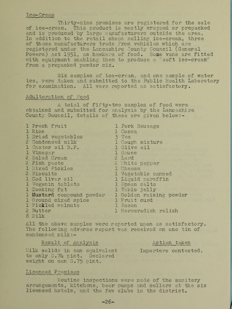 Ice-Crearn Thirty-nine premises are registered for the sale of ice-creamc This product is mostly wrapped or prepacked and is produced hy large msmufacturers outside the area„ In addition to the retail shops selling ice-creamj three of these manufacturers trade from vehicles which are registered under the Lancashire County Council (General Powers) Act 1951s as hawkers of food. Some vans are fitted with equipment enabling them to produce a -'soft ice-cream'‘ from a prepacked powder mix. Six samples of ice-cream^ and one sample of water ice5 were taken and submitted to the Public Health Laboratory for examination. All were reported as satisfactory. Adulteration of Food A total of fifty-two samples of food were obtained and submitted for analysis by the Lancashi re County Oouncil^ details of these are given below:- 1 Fresh fruit 1 1 Rice 1 1 Dried vegetables 3 2 Condensed milk 1 1 Castor oil B,P. 1 1 Vinegar 1 2 Salad Cream 2 2 Pish paste 2 1 Ciixed Pickles 1 2 Biscuits 1 1 Cod liver oil 1 1 Veganin tablets 1 1 Cooking fat 1 1 Mustard compound powder 1 1 Ground m.ixed spice 1 1 Pickled walnuts 1 2 Butter 1 Pork Sausage Cocoa Tea Cough mixture Olive oil Sauce Lard hhite pepper Cheese Vegetable canned Liquid paraffin Epsom salts Table jelly Golden raising powder Fruit curd Bacon Horseradish relish as satisfactory on one tin of Action taken Importers contacted. 8 Milk All the above samples were reported upon The following adverse report was received condensed milk”- Result of Analysis Eilk solids in can equivalent to only 0,74 pint. Declared weight on can 0.75 pint. Licensed Premises Routine inspections Yjere made of the sanitary arrangements 5 kitchensj beer pumps and cellars at the six licensed hotels, and the fev/ clubs in the district. -26-