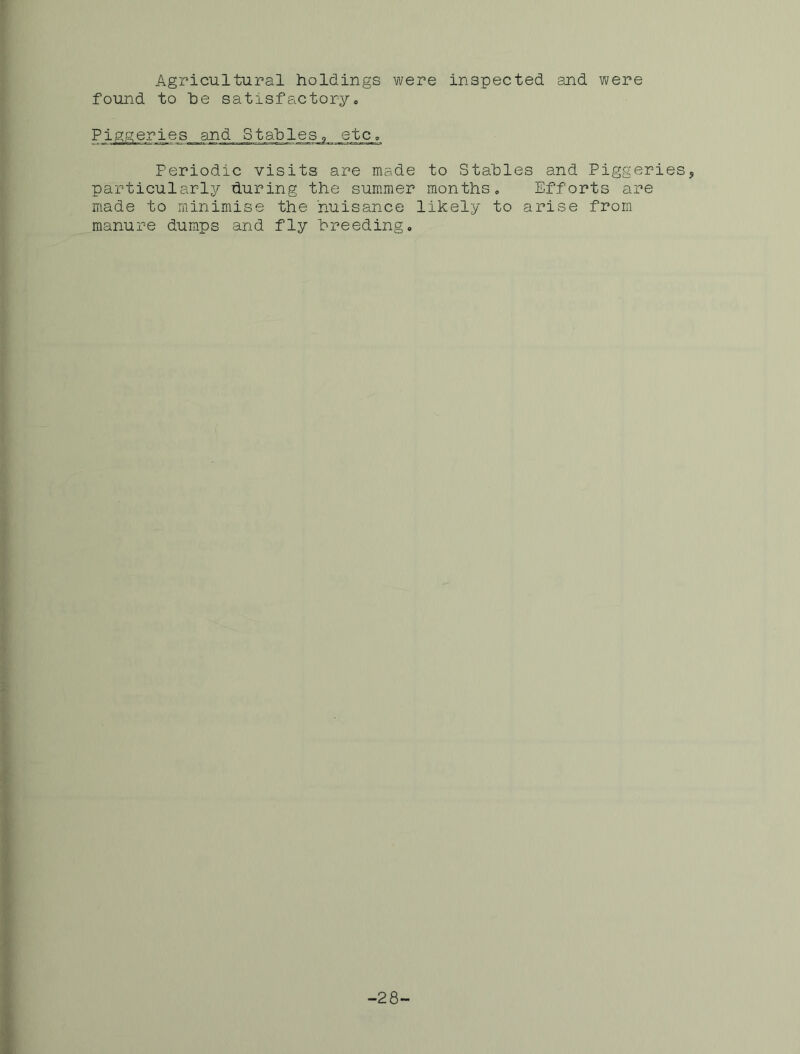 Agricultural holdings were inspected and were found to he satisfactory. Piggeriesand Stables, etc. Periodic visits are made to Stahles and Piggeries, particularly during the summer months. Efforts are made to minimise the nuisance likely to arise from manure dumps and fly breeding. ' -28-