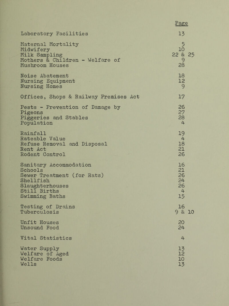 Laboratory Facilities Pa^e 13 Maternal Mortality 5 Midwifery 10 Milk Sampling 22 & 25 Mothers & Children - Welfare of 9 Mushroom Houses 28 Noise Abatement 18 Nursing Equipment 12 Nursing Homes 9 Offices, Shops & Railway Premises Act 17 Pests - Prevention of Damage ty 26 Pigeons 27 Piggeries and Stables 28 Population 4 Rainfall 19 Rateable Value 4 Refuse Removal and Disposal 18 Rent Act 21 Rodent Control 26 Sanitary Accommodation 16 Schools 21 Sewer Treatment (for Rats) 26 Shellfish 24 Slaught erhous e s 26 Still Births 4 Swimming Baths 15 Testing of Drains 16 Tuberculosis 9 & 10 Unfit Houses 20 Unsound Food 24 Vital Statistics 4 Water Supply 15 Welfare of Aged 12 Welfare Foods 10 Wells 13