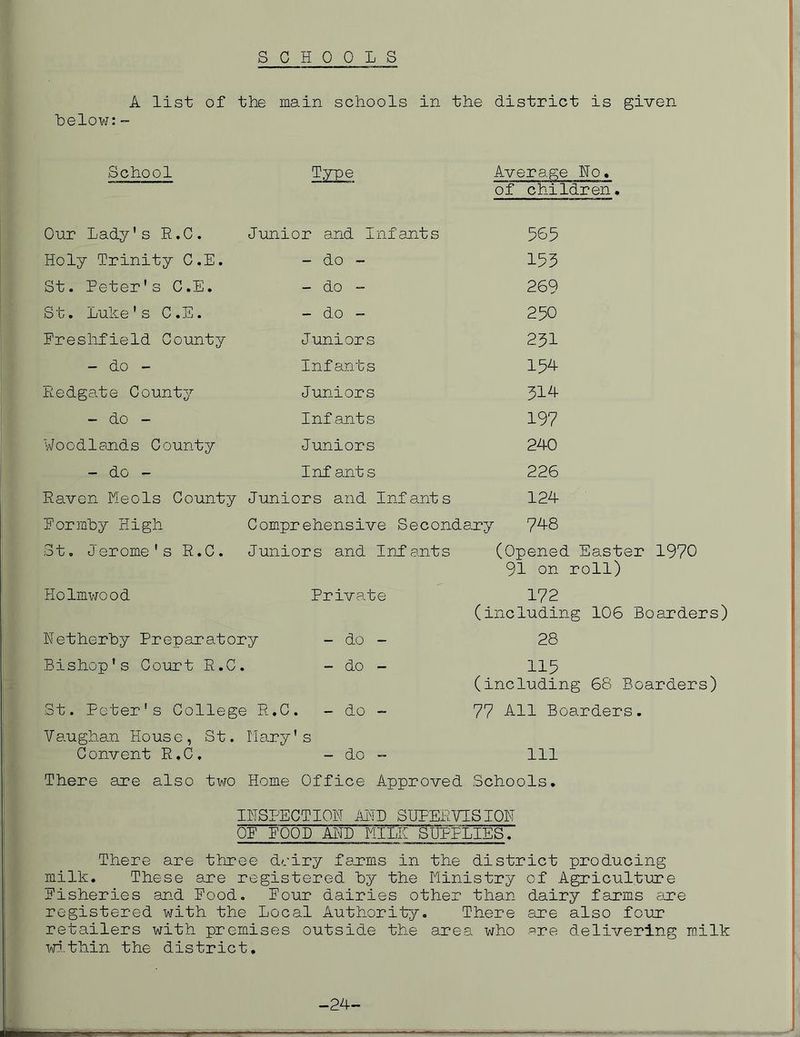 SCHOOLS A list of the main schools in the district is given below:~ School Type Average No. of children. Our Lady's R.C. Junior and Infants 565 Holy Trinity C.E. - do - 153 St. Peter's C.E. - do - 269 St. Luke's C.E. - do - 250 Ereshfield County Juniors 231 - do - Infants 154 Eedgate County Juniors 314 - do - Infants 197 Woodlands County Juniors 240 - do - Inf ants 226 Raven Meols County Juniors and Infants 124 Eormby High Comprehensive Secondary 748 St. Jerome's R.C. Juniors and Infants (Opened Easter 1970 91 on roll) Holmwood Private 172 (including 106 Boarders) Netherby Preparatory - do - 28 Bishop's Court R.C. - do - 115 (including 68 Boarders) St. Peter's College ) R.C. - do - 77 All Boarders. Vaughan House, St. Mary's Convent R.C, - do - Ill There are also two Home Office Approved Schools. INSPECTION AMD SUPERVISION QE LOOP AND MULE SUPPLIES. There are three dairy farms in the district producing milk. These are registered by the Ministry of Agriculture Eisheries and Eood. Eour dairies other than dairy farms are registered with the Local Authority. There are also four? retailers with premises outside the area who are delivering milk within the district. -24-
