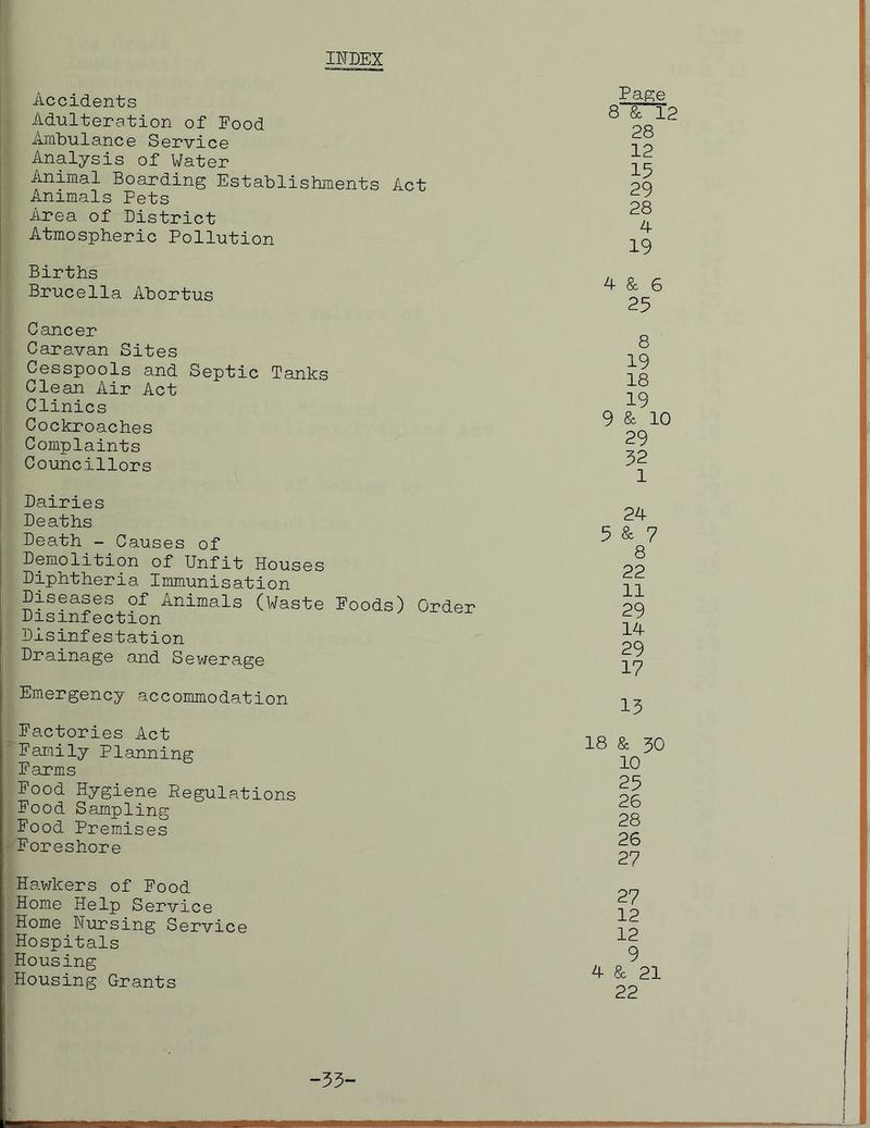 INDEX Accidents Adulteration of Food Ambulance Service Analysis of Water Animal Boarding Establishments Act Animals Fets Area of District Atmospheric Pollution Page 8 & 12 28 12 15 29 28 4 19 Births Brucella Abortus 4 & 6 25 Cancer Caravan Sites Cesspools and Septic Tanks Clean Air Act Clinics Cockroaches Complaints Councillors 8 19 18 19 9 & 10 29 52 1 Dairies Deaths Death - Causes of Demolition of Unfit Houses Diphtheria Immunisation Diseases of Animals (Waste Foods) Order Disinfection Disinfestation Drainage and Sewerage 24 5 & 7 8 22 11 29 14 29 17 Emergency accommodation 15 Factories Act Family Planning Farms Food Hygiene Regulations Food Sampling Food Premises Foreshore 18 & 30 10 25 26 28 26 27 Hawkers of Food Home Help Service Home Nursing Service Hospitals Housing Housing Grants 27 12 12 9 4 & 21 22