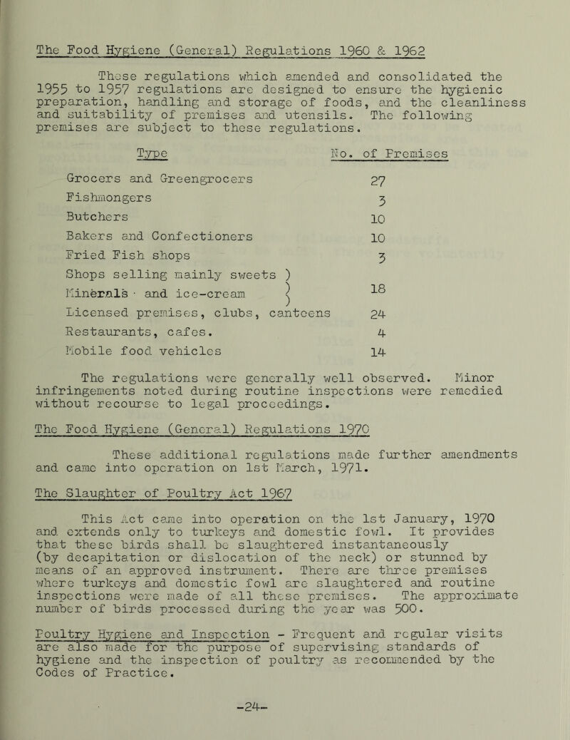 The Food Hygiene (General) Regulations I960 & 1962 These regulations which amended and consolidated the 1955 to 1957 regulations are designed to ensure the hygienic preparation, handling and storage of foods, and the cleanliness and suitability of premises and utensils. The following premises are subject to these regulations. Type No. of Premises Grocers and Greengrocers Fishmongers Butchers Bakers and Confectioners Fried Fish shops Shops selling mainly sweets ) Minerals • and ice-cream ^ Licensed premises, clubs, canteens Restaurants, cafes. Mobile food vehicles The regulations were generally well observed. Minor infringements noted during routine inspections were remedied without recourse to legal proceedings. The Food Hygiene (General) Regulations 1970 These additional regulations made further amendments and came into operation on 1st March, 1971- The Slaughter of Poultry Act 1967 This Act came into operation on the 1st January, 1970 and extends only to turkeys and domestic fowl. It provides that these birds shall be slaughtered instantaneously (by decapitation or dislocation of the neck) or stunned by means of an approved instrument. There are three premises where turkeys and domestic fowl are slaughtered and routine inspections were made of all these premises. The approximate number of birds processed during the year was 500. Poultry Hygiene end Inspection - Frequent and regular visits are also made for the purpose of supervising standards of hygiene and the inspection of poultry as recommended by the Codes of Practice. 27 5 10 10 5 18 24 4 14 -24-
