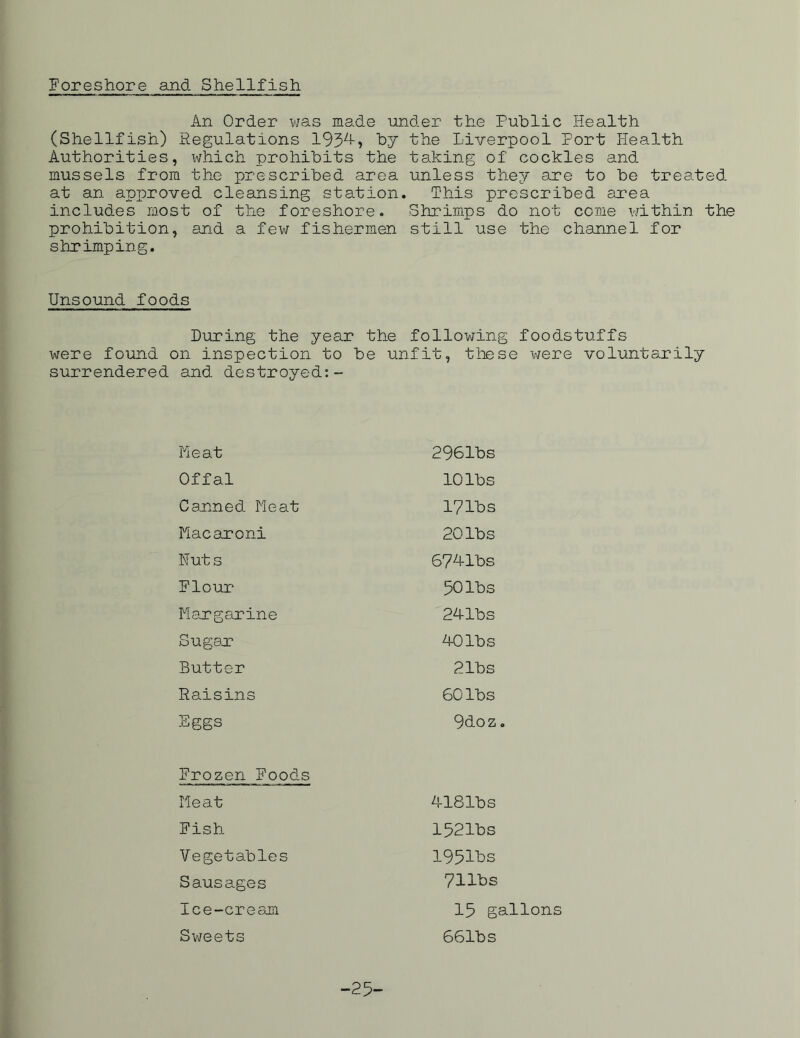Foreshore and Shellfish An Order was made under the Public Health (Shellfish) Regulations 1934> by the Liverpool Port Health Authorities, which prohibits the taking of cockles and mussels from the prescribed area unless they are to be treated at an approved cleansing station. This prescribed area includes most of the foreshore. Shrimps do not come within the prohibition, and a few fishermen still use the channel for shrimping. Unsound foods During the year the following foodstuffs were found on inspection to be unfit, these were voluntarily surrendered and destroyed:- Meat Offal Canned Meat Macaroni Nuts Flour Mangarine Sugao? Butter Raisins Eggs Frozen Foods Meat Fish Vegetables Sausages Ice-cream Sweets 2961bs 10 lbs 17 lbs 20 lbs 674- lbs 50 lbs 24 lbs 40 lbs 2 lbs 60 lbs 9doz o 418lbs 1521bs 19511s 711bs 15 gallons 661b s -25-