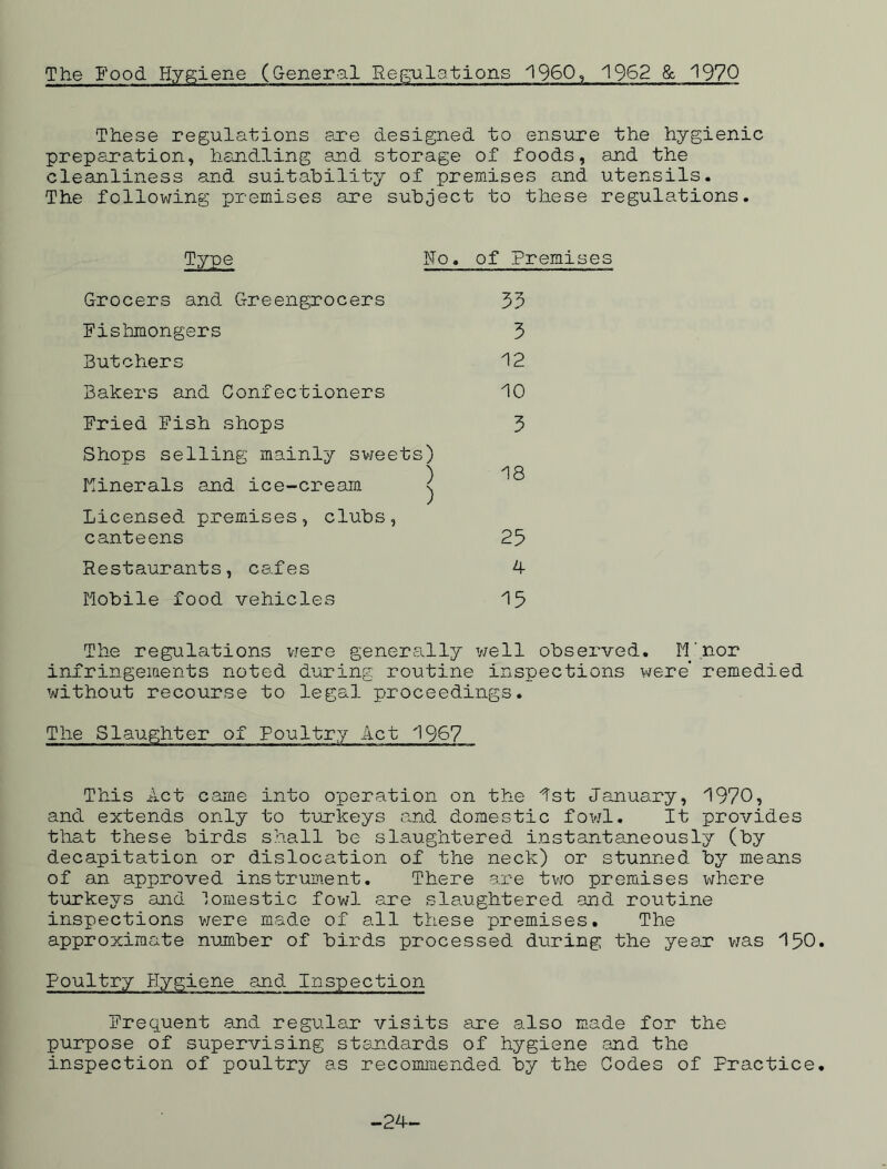The Food Hygiene (General Regulations I960, 1962 & 1970 These regulations are designed to ensure the hygienic preparation, handling and storage of foods, and the cleanliness and suitability of premises and utensils. The following premises are subject to these regulations. Type No. of Premises Grocers and Greengrocers 33 Fishmongers 3 Butchers 12 Bakers and Confectioners 10 Fried Fish shops 3 Shops selling mainly sweets) \ xj Q Minerals and ice-cream j Licensed premises, clubs, canteens 25 Restaurants, cafes 4 Mobile food vehicles 15 The regulations were generally well observed. M'nor infringements noted during routine inspections were* remedied without recourse to legal proceedings. The Slaughter of Poultry Act 196? This Act came into operation on the 1st January, 1970, and extends only to turkeys and domestic fowl. It provides that these birds shall be slaughtered instantaneously (by decapitation or dislocation of the neck) or stunned by means of an approved instrument. There are two premises where turkeys and Tomestic fowl are slaughtered and routine inspections were made of all these premises. The approximate number of birds processed during the year? was 150 Poultry Hygiene and Inspection Frequent and regular visits are also made for the purpose of supervising standards of hygiene and the inspection of poultry as recommended by the Codes of Practice -24-