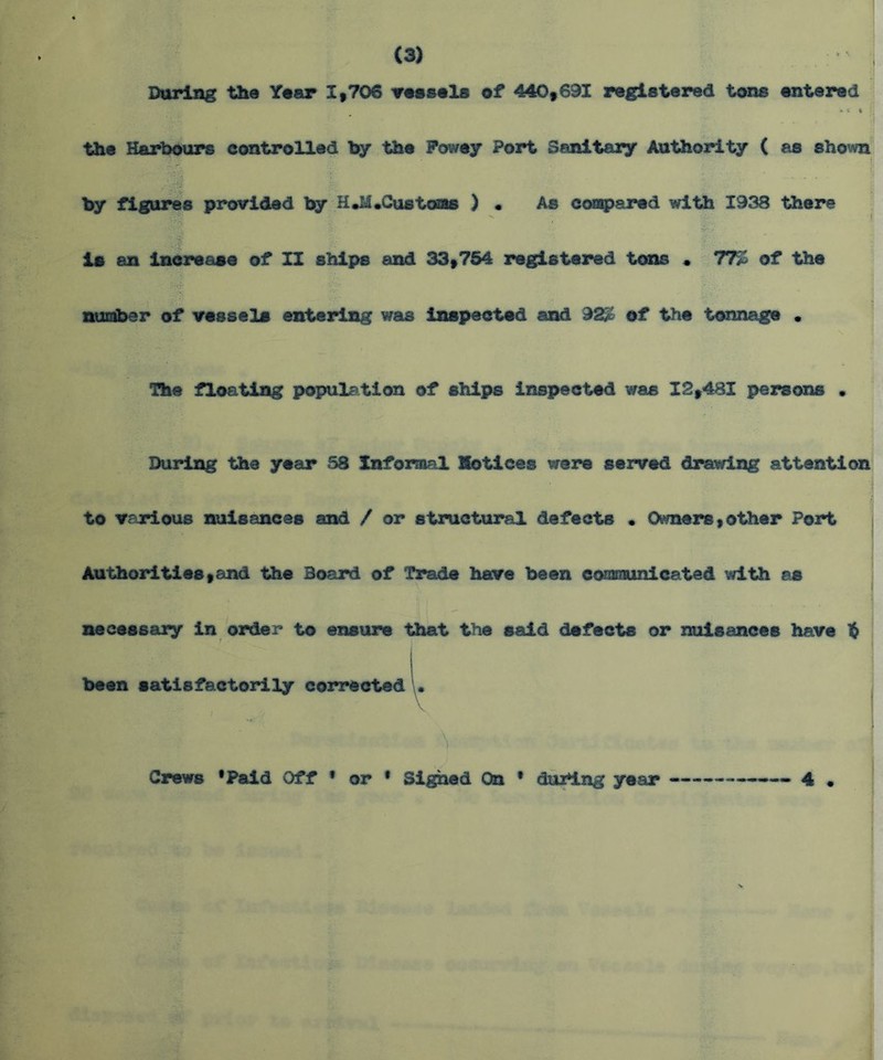 During the Year 1,706 vessels of 440,691 registered tons entered • C « ' ' the Harbours controlled by the Fowey Port Sanitary Authority ( as shown by figures provided by H.U.Cue toms ) • As compered with 1938 there •as ■  v ! - ? is an increase of II ships and 33,754 registered tons . T7Z of the number of vessels entering was inspected and 92£ of the tonnage • The floating population of ships inspected was 12,481 persons • During the year 58 Informal notices were served drawing attention to vrrious nuisances and / or structural defects « Owners,other Port Authorities,and the Board of Trade have been communicated with as necessary in order to ensure that the said defects or nuisances have $ been satisfactorily corrected \ Crews 'Paid Off ' or * Sighed On * dui*ing year —— 4 •