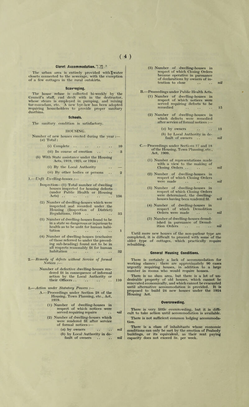 Closet Accommodation.;^ 3 The urban area is entirely provided wit h]| water closets connected to the sewerage, with the exception of a few cottages in the rural outskirts. Scavanging. The house refuse is collected bi-weekly by the Council’s staff, and dealt with in the destructor, whose steam is employed in pumping, and mixing tar-macadam, etc. A new bye-law has been adopted requiring householders to provide proper sanitary dustbins. Schools. The sanitary condition is satisfactory. HOUSING. Number of new houses erected during the year :—- (a) Total: (i) Complete .. .. .. . . 10 (ii) In course of erection .. .. 3 (b) With State assistance under the Housing Acts, 1919, 1923, or 1924 : (i) By the Local Authority .. — (ii) By other bodies or persons .. 2 1. —Unfit Duelling-houses :— Inspection—(1) Total number of dwelling houses inspected for housing defects (under Public Health or Housing Acts) 136 (2) Number of dwelling-houses which were inspected and recorded under the Housing (Inspection of District) Regulations, 1910 .. .. .. 35 (3) Number of dwelling-houses found to be in a state so dangerous or injurious to health as to be unfit for human habi- tation .. .. .. .. 1 (4) Number of dwelling-houses (exclusive of those referred to under the preced- ing sub-heading) found not to be in all respects reasonably fit for human habitation .. . . .. .. 32 2. —Remedy of defects without Service of formal Notices Number of defective dwelling-houses ren- dered fit in consequence of informal action by the Local Authority or their Officers.. .. .. .. 110 3. —Action under Statutory Powers :— A.—Proceedings under Section 28 of the Housing, Town Planning, etc., Act, 1919. (1) Number of dwelling-houses in respect of which notices were served requiring repairs .. nil (2) Number of dwelling-houses which were rendered fit after service of formal notices :■—■ (a) by owners .. .. nil (b) by Local Authority in de- fault of owners .. .. nil (3) Number of dwelling-houses in respect of which Closing Orders became operative in pursuance of declarations by owners of in- tention to close .. .. nil B. —Proceedings under Public Health Acts. (1) Number of dwelling-houses in respect of which notices were served requiring defects to be remedied .. .. .. 15 (2) Number of dwelling-houses in which defects were remedied after sendee of formal notices :— (a) by owners .. .. 13 (b) by Local Authority in de- fault of owners .. .. nil C. —Proceedings under Sections 17 and 18 of the Housing, Town Planning, etc., Act, 1909. (1) Number of representations made with a view to the making of Closing Orders .. .. .. nil (2) Number of dwelling-houses in respect of which Closing Orders were made .. .. .. nil (3) Number of dwelling-houses in respect of which Closing Orders were determined, the dwelling- houses having been rendered fit nil (4) Number of dwelling-houses in respect of which Demolition Orders were made .. . . nil (5) Number of dwelling-houses demol- ished in pursuance of Demol- ition Orders .. .. .. nil Until more new houses of the non-parlour type are completed, it is difficult to proceed with some of the older type of cottages, which practically require rebuilding. General Housing Conditions. There is certainly a lack of accommodation for working classes; there are approximately 90 cases urgently requiring houses, in addition to a large number in rooms who would require houses. There is no slum area, but there is a lot of un- desirable property' of old houses, which cannot be renovated economically, and which cannot be evacuated until alternative accommodation is provided. It is proposed to build 24 new houses under the 1924 Housing Act. Overcrowding. There is very little overcrowding, but it is diffi- cult to take action until accommodation is available. There is not sufficient common lodging accommoda- tion. There is a class of inhabitants whose economic conditions can only be met by the erection of Peabody buildings, or its equivalent, as their rent paying capacity does not exceed 3s. per week.