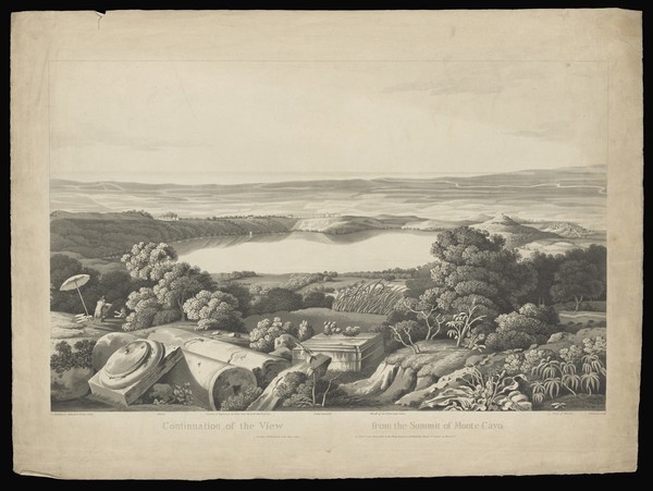 Lago Albano and Castel Gandolfo seen from the top of Monte Cavo. Aquatint by M. Dubourg, 1811, after J.J. Middleton, 1809.