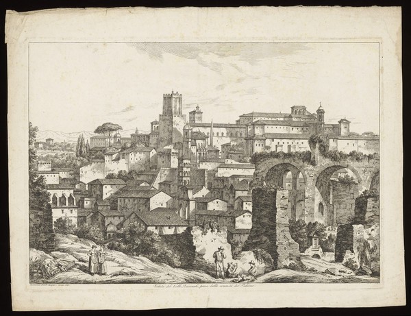 The Quirinal hill, Rome, seen from the Palatine. Etching by B. Pinelli, 1825.