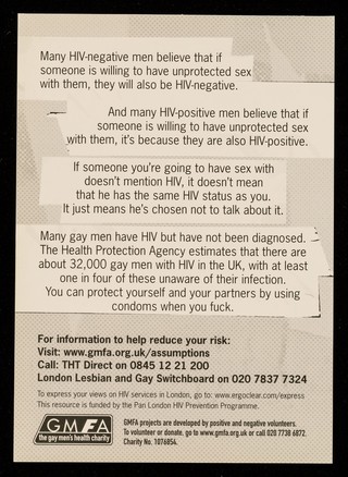 Guys like him don't have HIV : I reckon he has HIV like me : Don't assume you're both thinking the same thing / Terrence Higgins Trust.