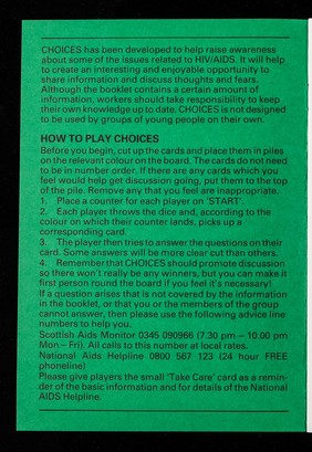 Choices : a game about H.I.V. & AIDS / produced by Lothian Regional Council Community Education Service.