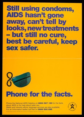 Still using condoms, AIDS hasn't gone away, can't tell by looks, new treatments - but still no cure, best be careful, keep sex safer : Phone for the facts / Health Education Authority.