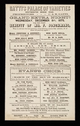 Grand extra night! : Wednesday, December 8th, 1875 ... / Gatti's Palace of Varieties, Westminster Bridge Road.