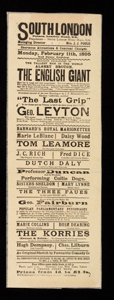 Exclusive engagement of the tallest man in the world, Albert Brough, The English Giant : eight feet in height and well proportioned ...  / South London Palace, London Road, S.E.