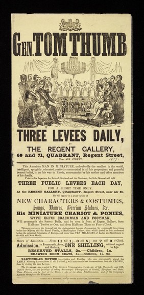 Gen. Tom Thumb : three levees daily at the Regent Gallery, 69 and 71, Quadrant, Regent Street, near Air Street ... / Regent Gallery ; printed by T. Brettell, Rupert Street, Haymarket, Westminster.