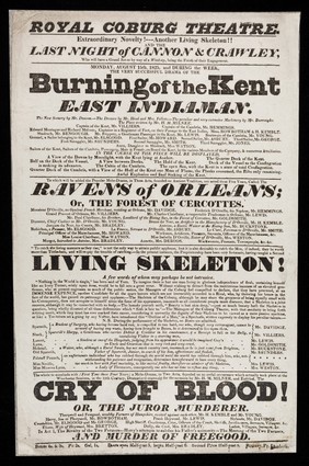 Extraordinary novelty! Another living skeleton!! : and the last night of Cannon & Crawley ... : Monday, August 15th, 1825 ... / Royal Coburg Theatre.