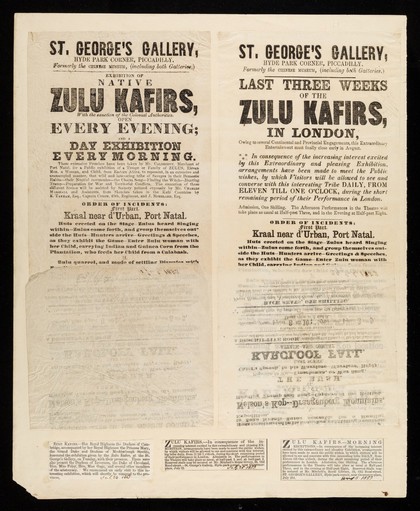 Zulu Kafirs : Exhibition of native Zulu Kafirs, with the sanction of the colonial authorities ...  / St. George's Gallery, Hyde Park Corner, Piccadilly, formerly the Chinese Museum (including both galleries).