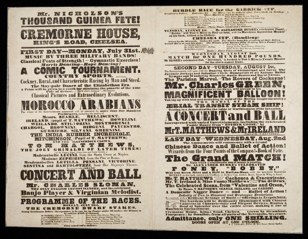 Mr. Nicholson's thousand guinea fete : Cremorne House, King's Road, Chelsea : first day - Monday, July 31st ...