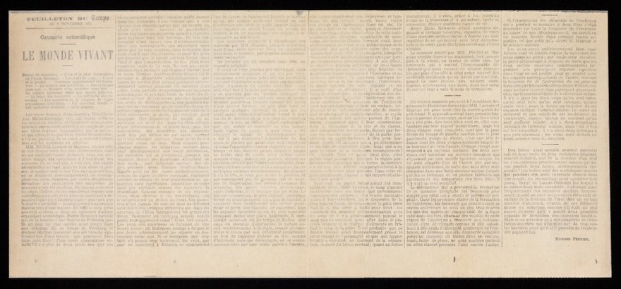 Feuilleton du Temps du 9 novembre 1911 : causerie scientifique : le monde vivant / Edmond Perrier.